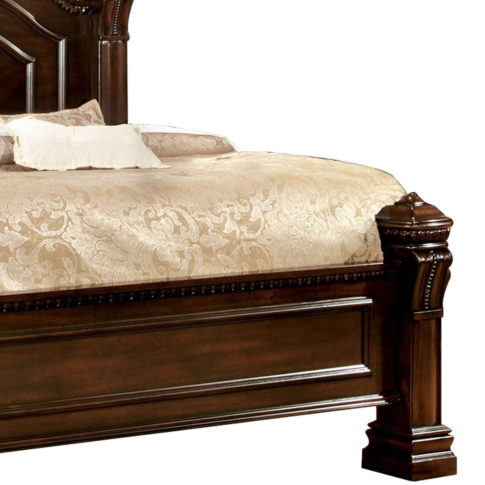 Alt View 3. Manhattan Lane - Wooden Queen Size Bed with Intricate Trimmed Headboard, Brown - Brown.