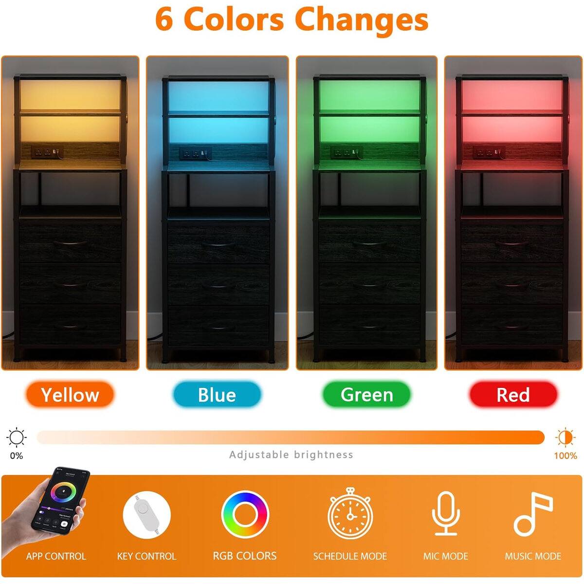 6 Colors Changes  
Yellow Blue Green Red  
0% Adjustable brightness 100%  
APP CONTROL KEY CONTROL RGB COLORS SCHEDULE MODE MIC MODE MUSIC MODE