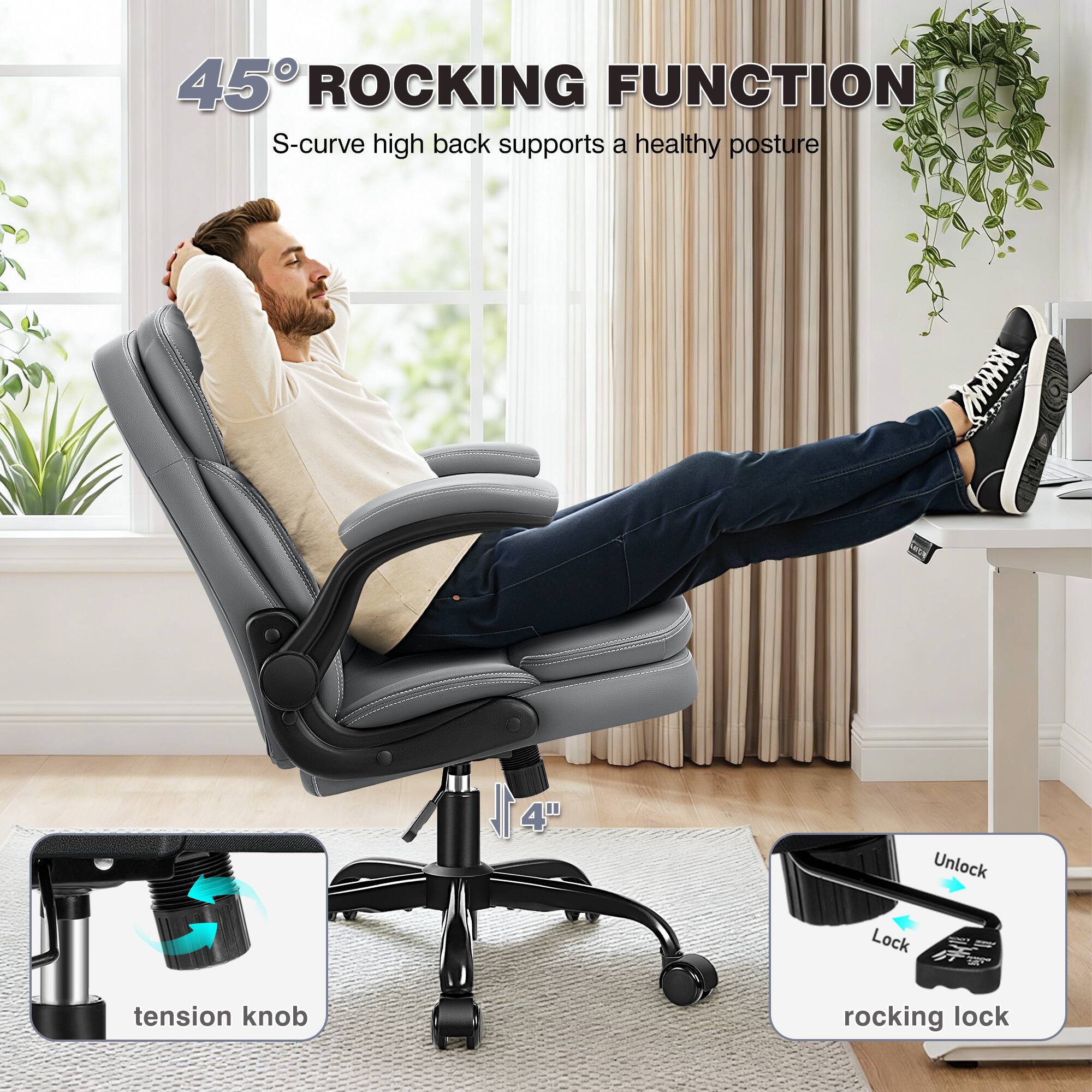 45° ROCKING FUNCTION  
S-curve high back supports a healthy posture  

1 14" 4"  
Unlock Lock tension knob rocking lock