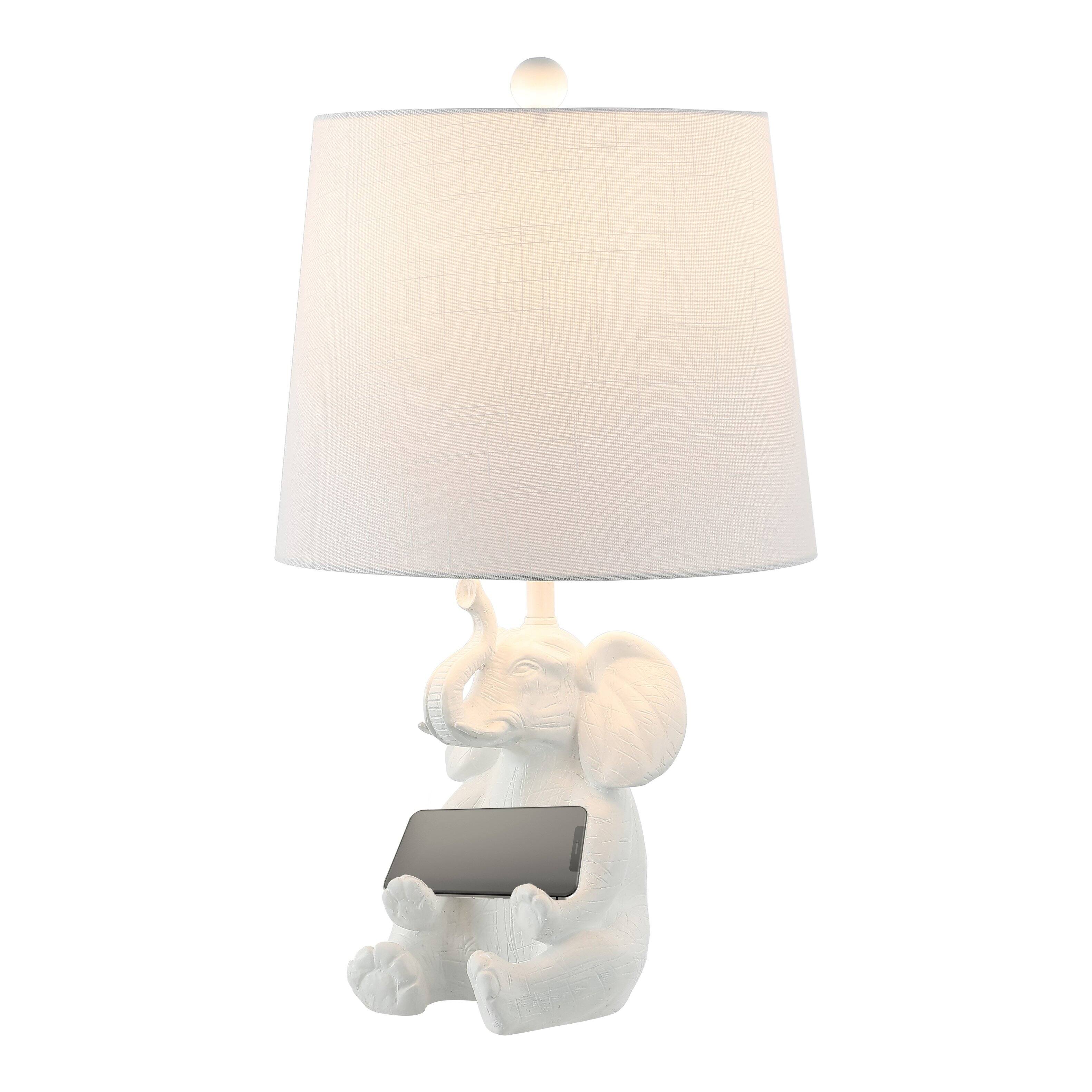 Front. Jonathan Y - Kairi 21" Modern Shabby Chic Resin/Iron Happy Elephant LED Kids' Table Lamp with Phone Stand, White.