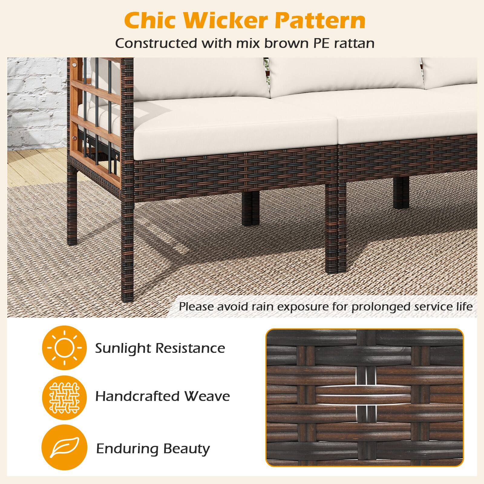 Chic Wicker Pattern  
Constructed with mix brown PE rattan  

Please avoid rain exposure for prolonged service life  

Sunlight Resistance  
Handcrafted Weave  
Enduring Beauty