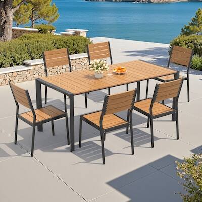 Left. Crestlive Products - Crestlive Products 7pc Patio Dining Set Aluminum Rectangle Table 6 Stackable Stationary Chairs No Armrest - Brown-7PC.