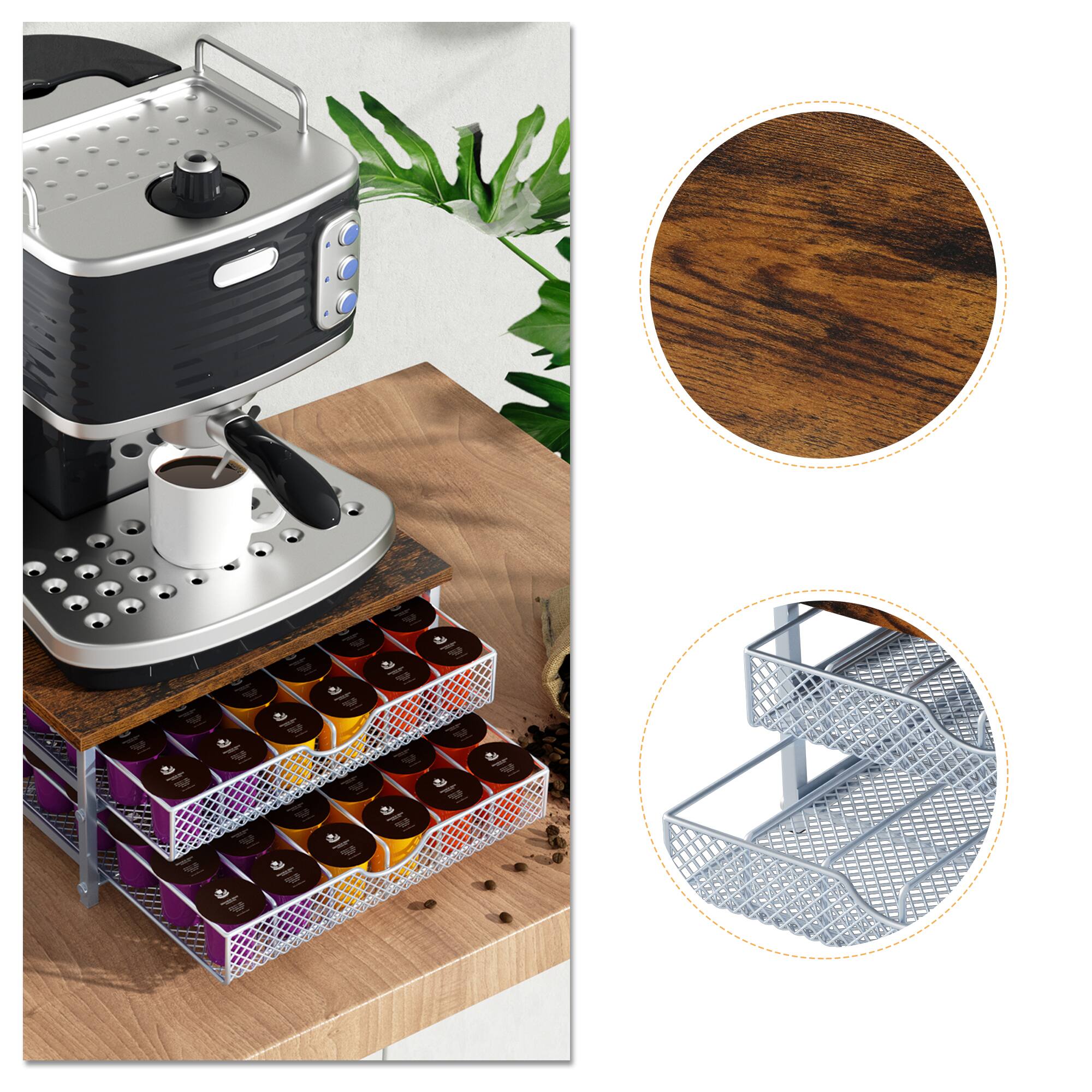 Alt View 1. Oumilen - 2-Tier Silver Metal Coffee Pod Storage Drawer Organizer with Rustic Wooden Top, Countertop Capsule Holder - Brown.