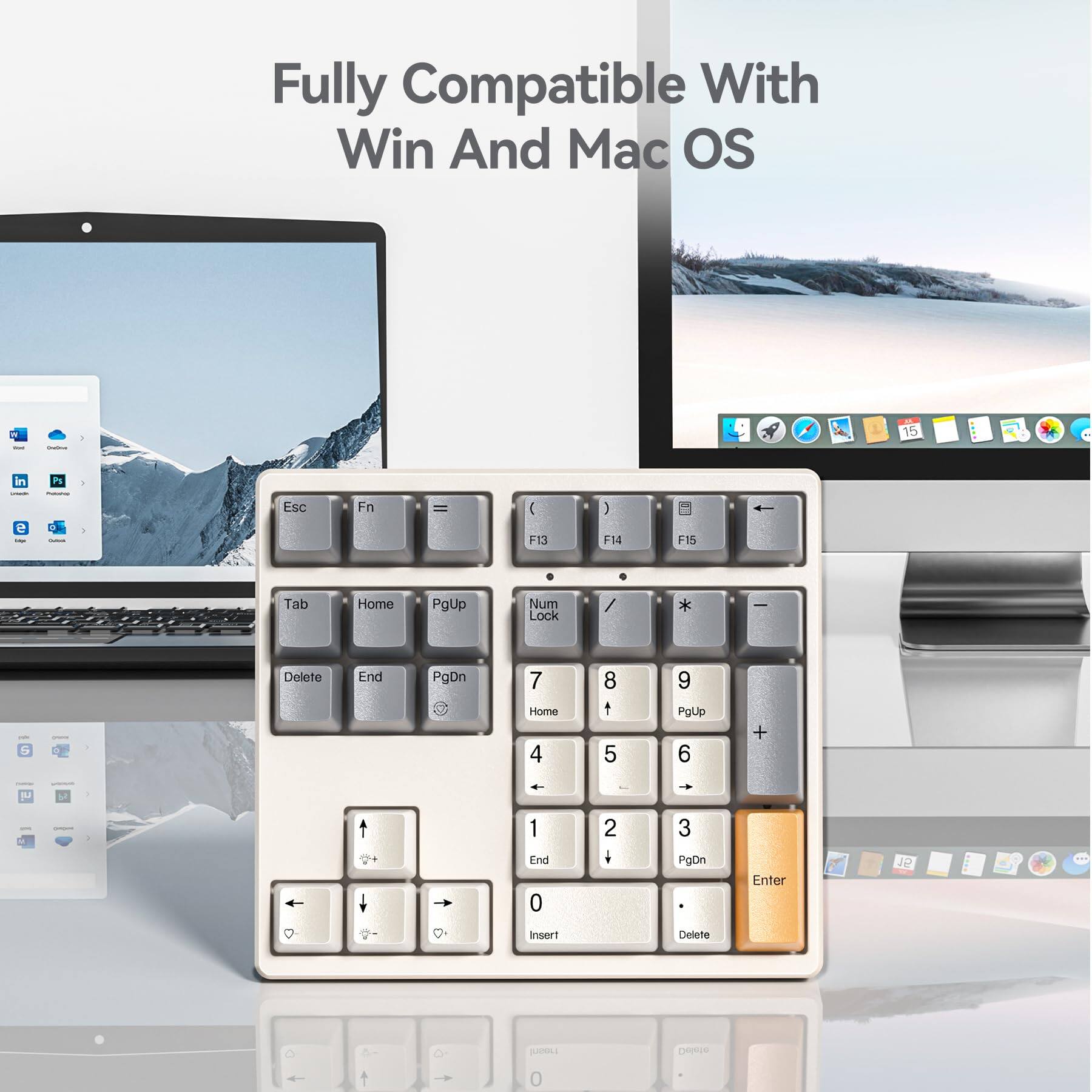 Fully Compatible With Win And Mac OS

Esc Fn = ( F1 F13 Tab Home PgUp Num Lock * I G Delete End PgDn 7 Home 4 8 5 9 PgUp 6 + t 1 End 0 2 i 3 PgDn Enter Insert Delete EOL