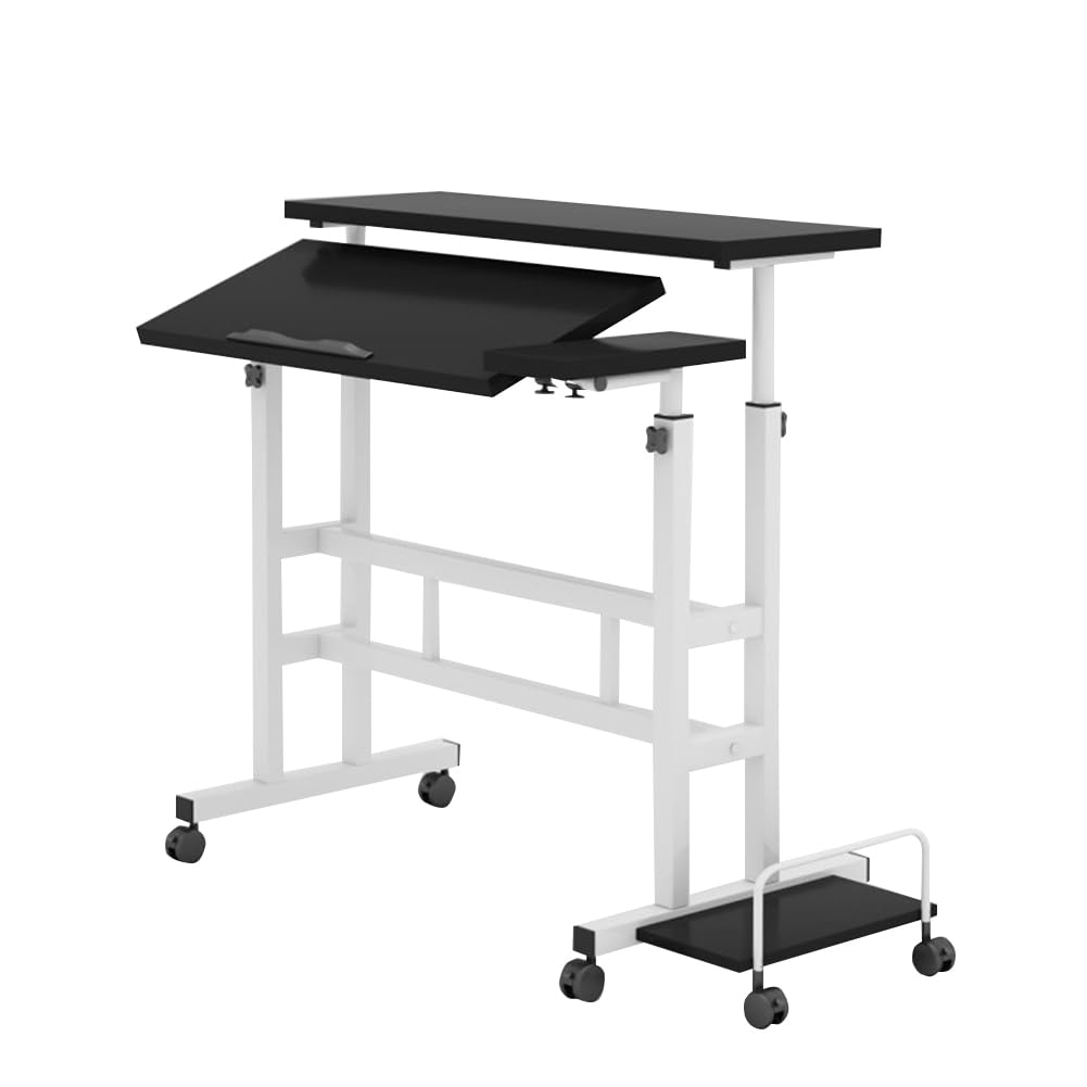Babevy - Liftable Standing Desk, Portable Rolling Computer Desk with Lockable Casters, Adjustable Height, 2-Tier Workstation - Black