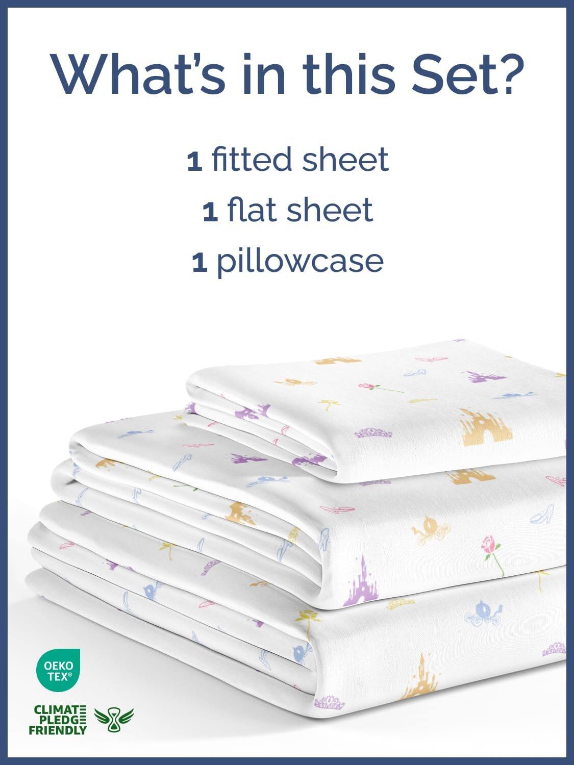 What's in this Set?  
1 fitted sheet  
1 flat sheet  
1 pillowcase  

OEKO TEX  
CLIMATE PLEDGE FRIENDLY