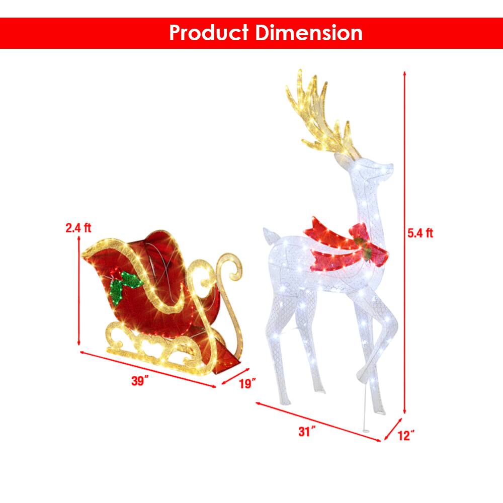 Product Dimension

- Santa Sleigh: 2.4 ft (height) x 39" (width) x 19" (depth)
- Reindeer: 5.4 ft (height) x 31" (width) x 12" (depth)