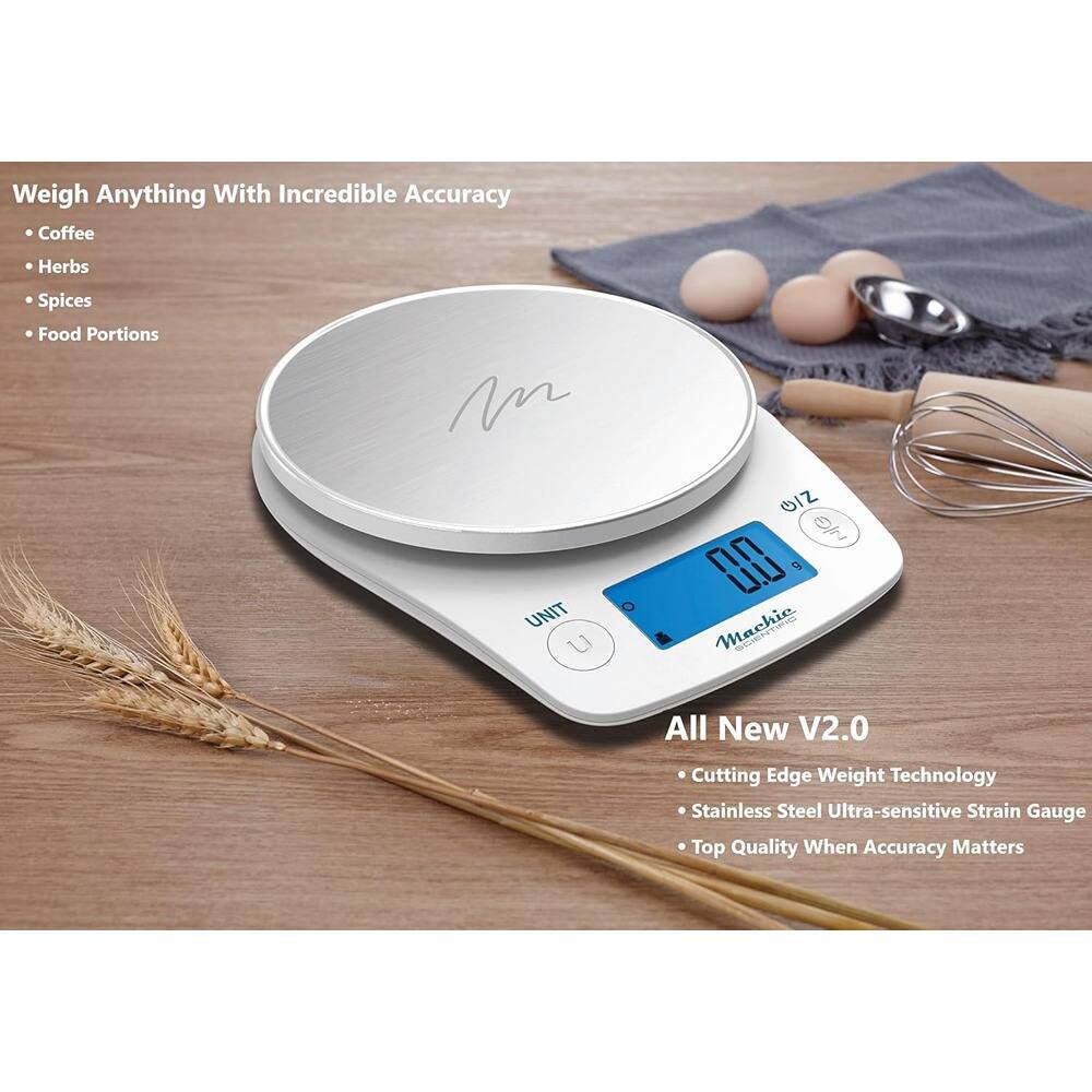 Weigh Anything With Incredible Accuracy  
- Coffee  
- Herbs  
- Spices  
- Food Portions  

All New V2.0  
- Cutting Edge Weight Technology  
- Stainless Steel Ultra-sensitive Strain Gauge  
- Top Quality When Accuracy Matters  

Machie