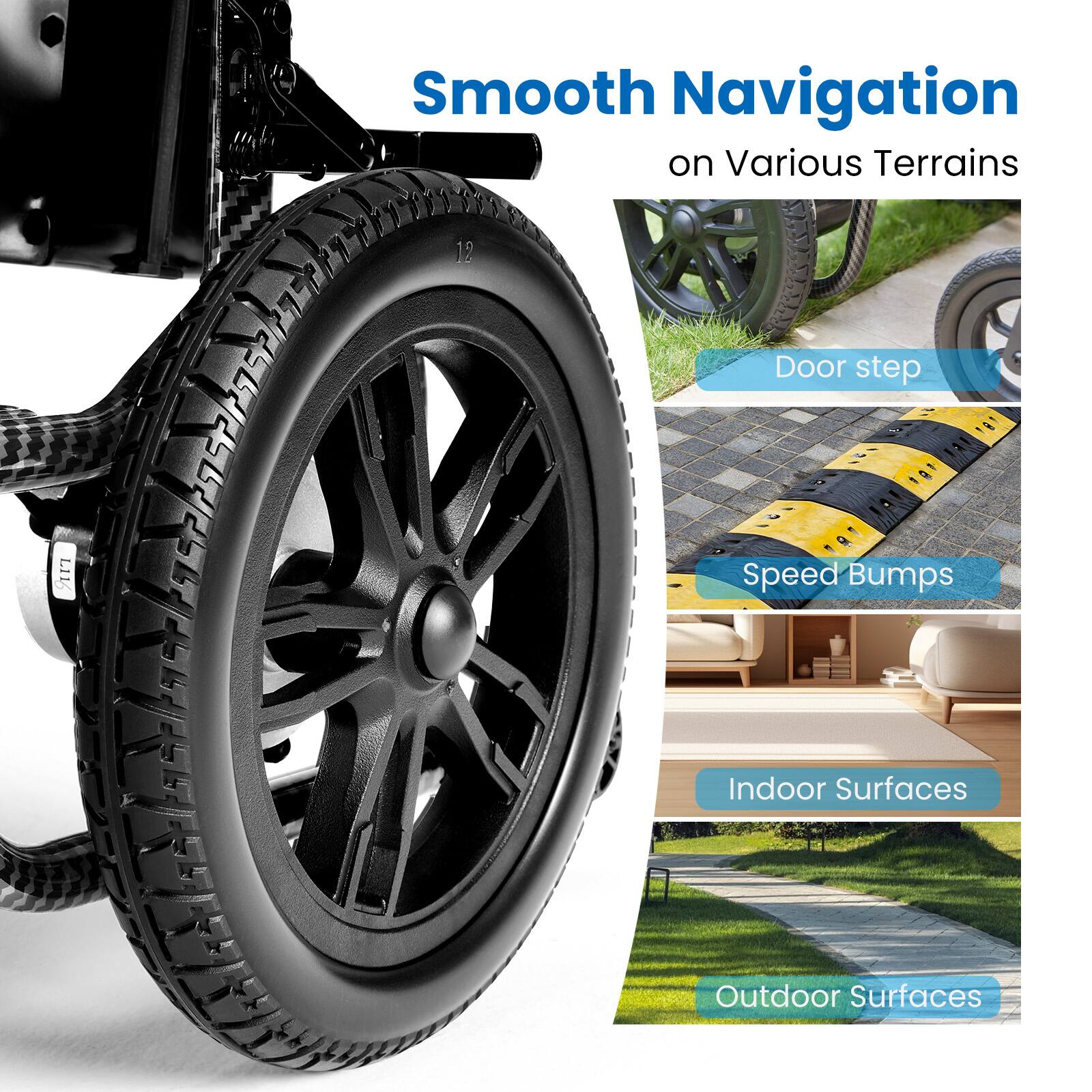 Smooth Navigation on Various Terrains  
- Door step  
- Speed Bumps  
- Indoor Surfaces  
- Outdoor Surfaces