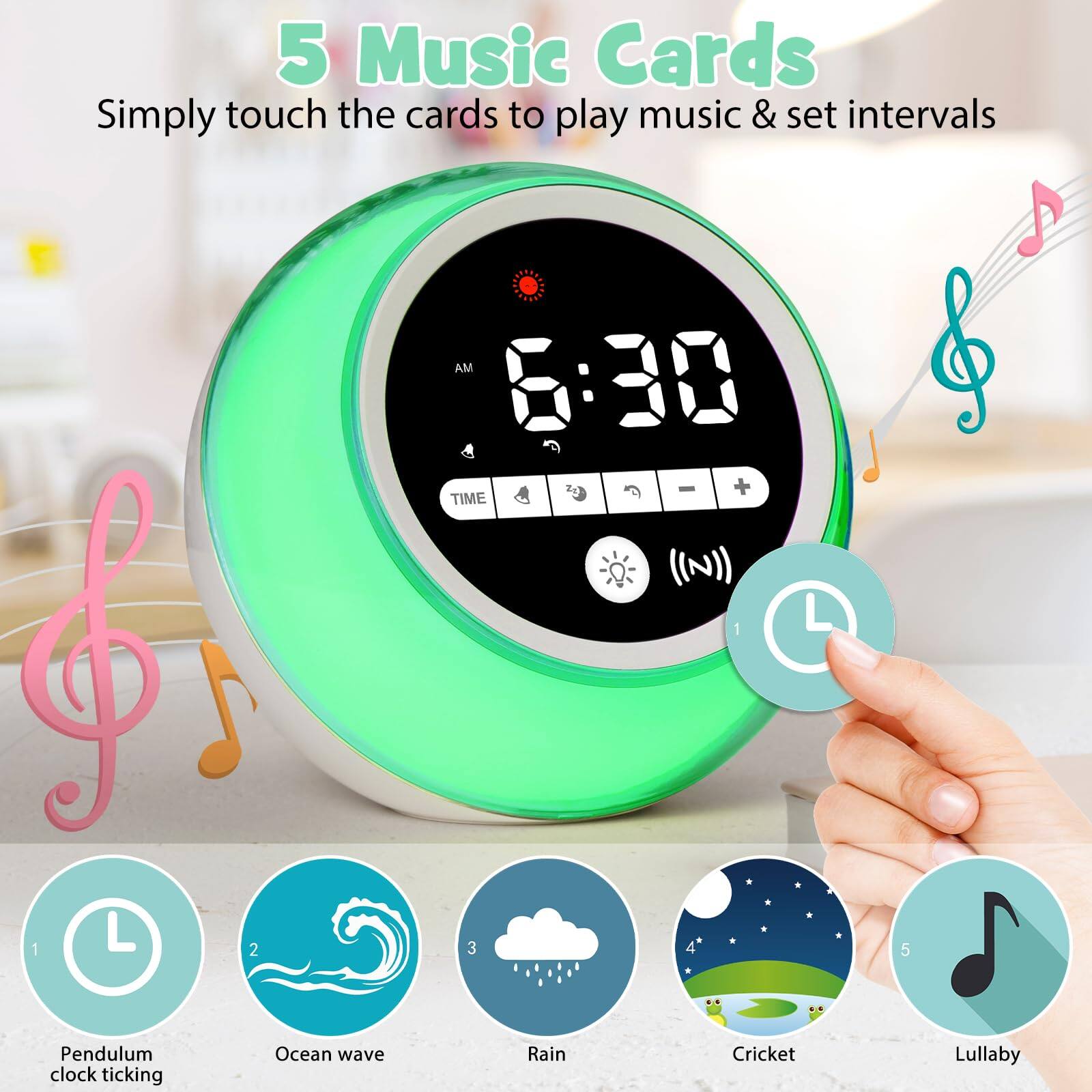 5 Music Cards  
Simply touch the cards to play music & set intervals  

1. Pendulum clock ticking  
2. Ocean wave  
3. Rain  
4. Cricket  
5. Lullaby