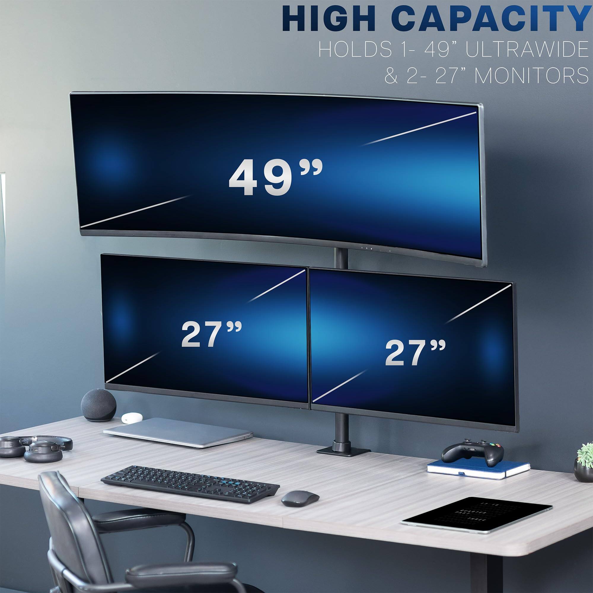 HIGH CAPACITY  
HOLDS 1- 49" ULTRAWIDE & 2- 27" MONITORS  

49"  
27"  
27"