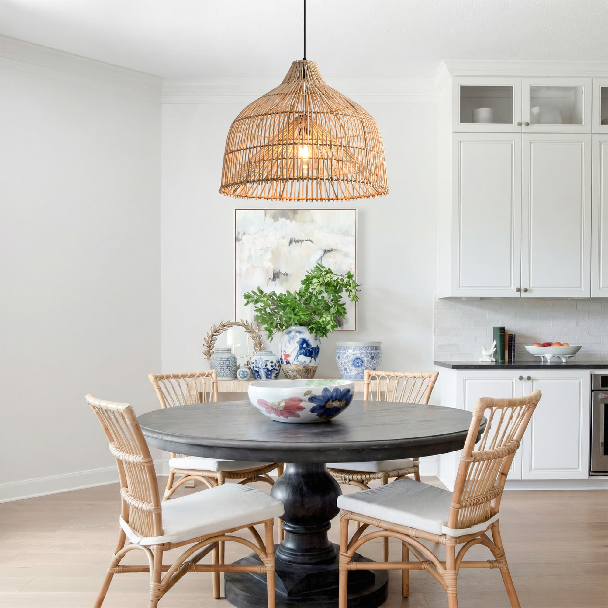 Parrot Uncle - 1-Light Boho Rattan Hand-Woven Cloche Hanging Basket Pendant Light - Brown