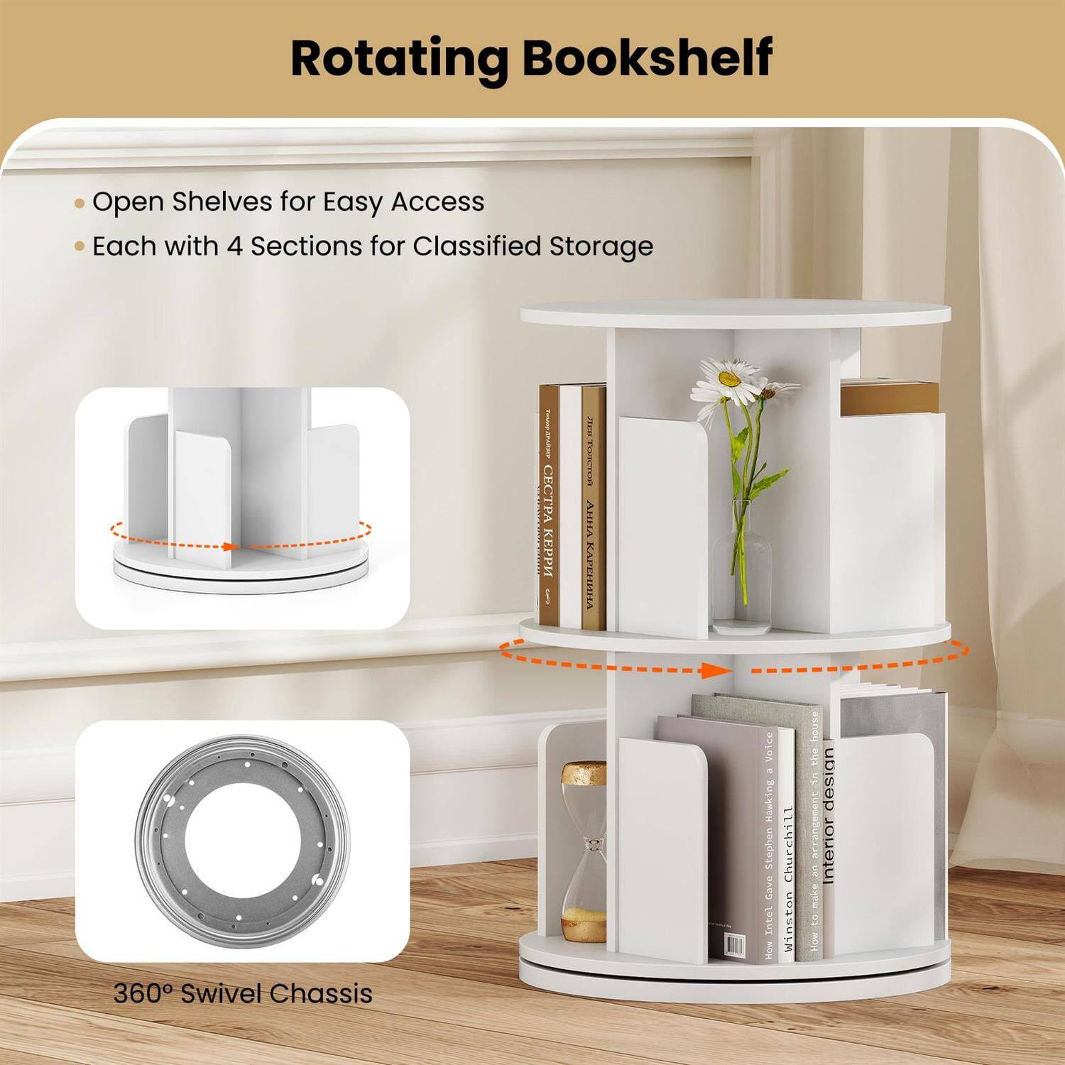 Rotating Bookshelf

- Open Shelves for Easy Access
- Each with 4 Sections for Classified Storage

360° Swivel Chassis