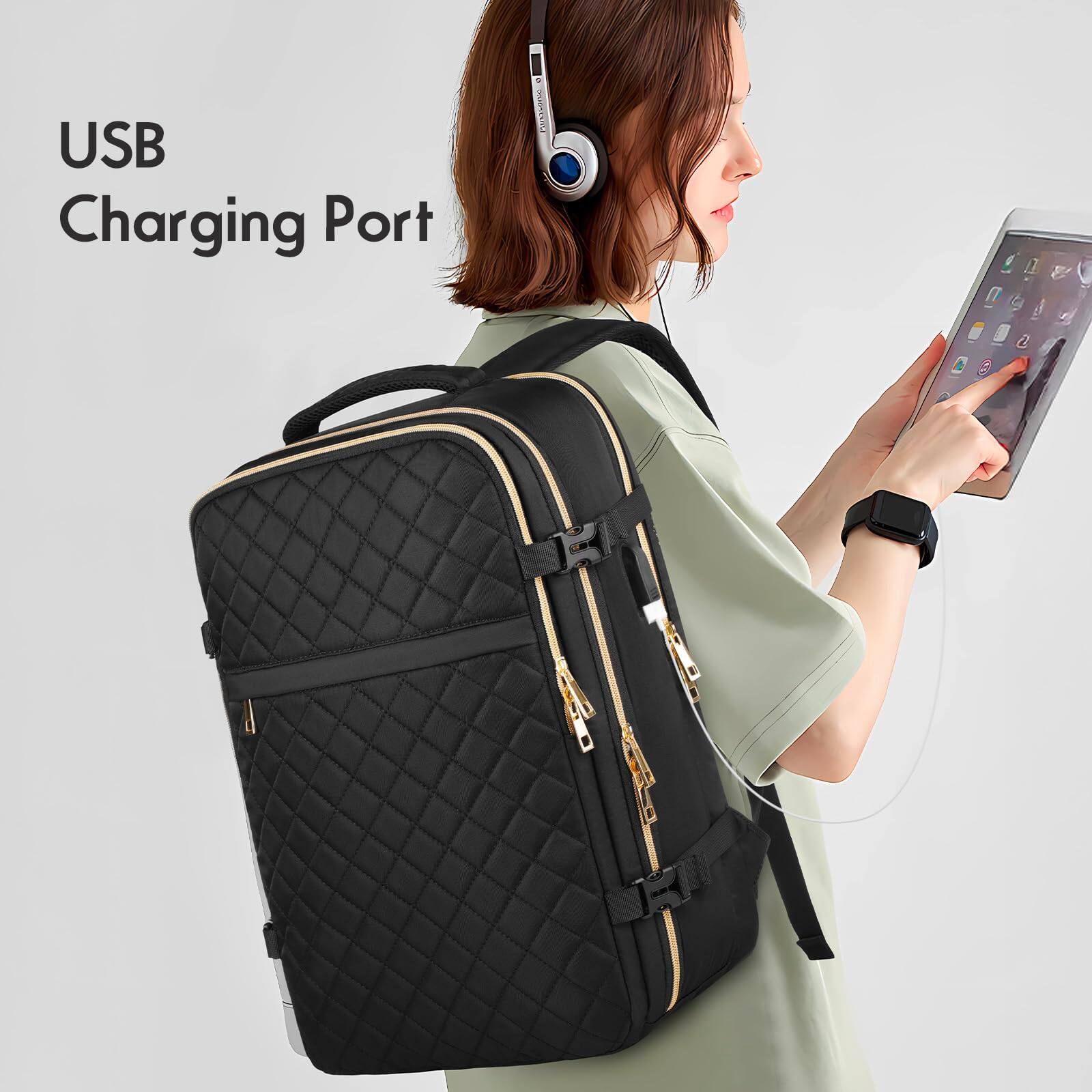 Alt View 2. Stamp n Camp - Large Travel Backpack Women  Flight Approved Carry On Water Resistant Anti theft Casual Daypack School Bag Fit 17 Inch - Beige-17.3 inch.