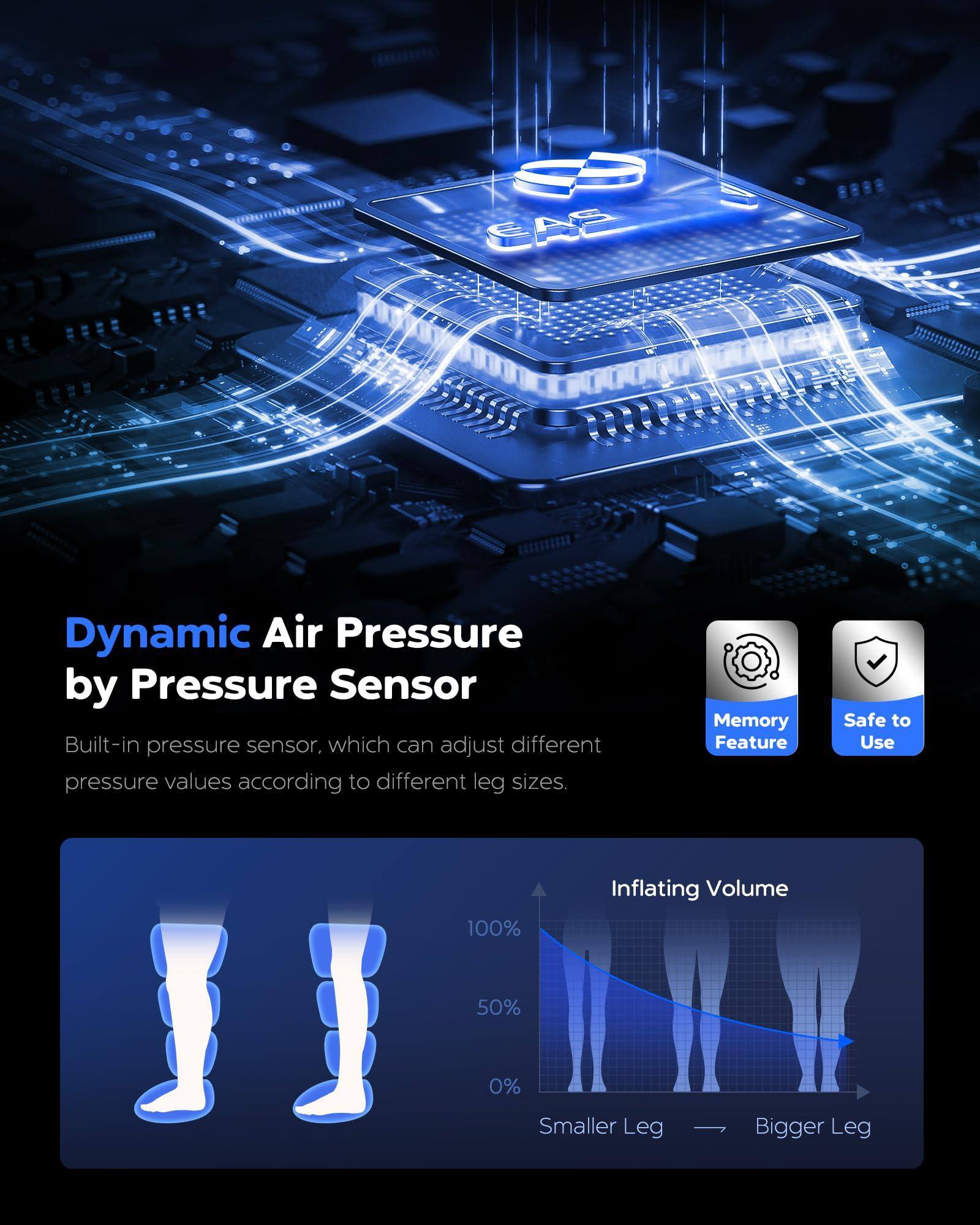 Dynamic Air Pressure by Pressure Sensor

Built-in pressure sensor, which can adjust different pressure values according to different leg sizes.

Memory Feature

Safe to Use

Inflating Volume

100%  
50%  
0%  

Smaller Leg  
Bigger Leg