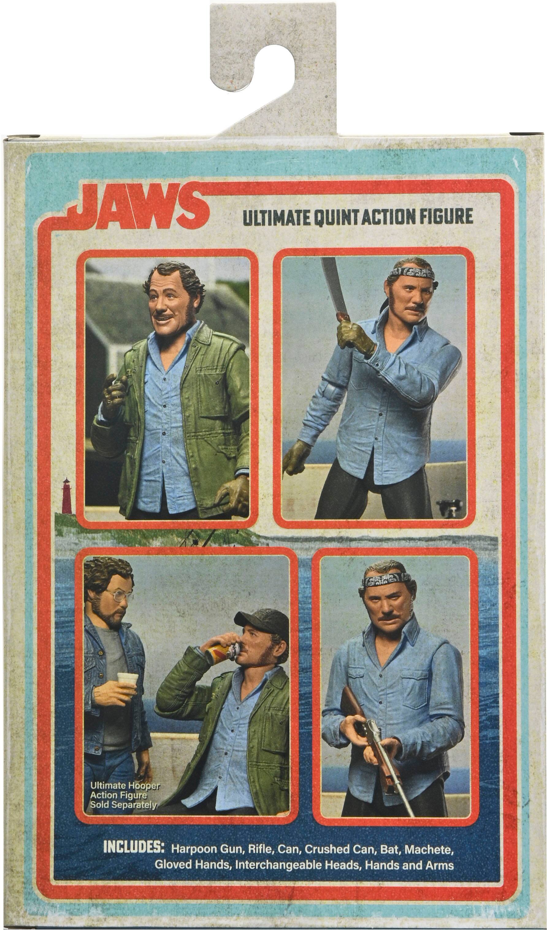 JAWS ULTIMATE QUINT ACTION FIGURE
Ultimate Hooper Action Figure Sold Separately
INCLUDES: Harpoon Gun, Rifle, Can, Crushed Can, Bat, Machete, Gloved Hands, Interchangeable Heads, Hands and Arms