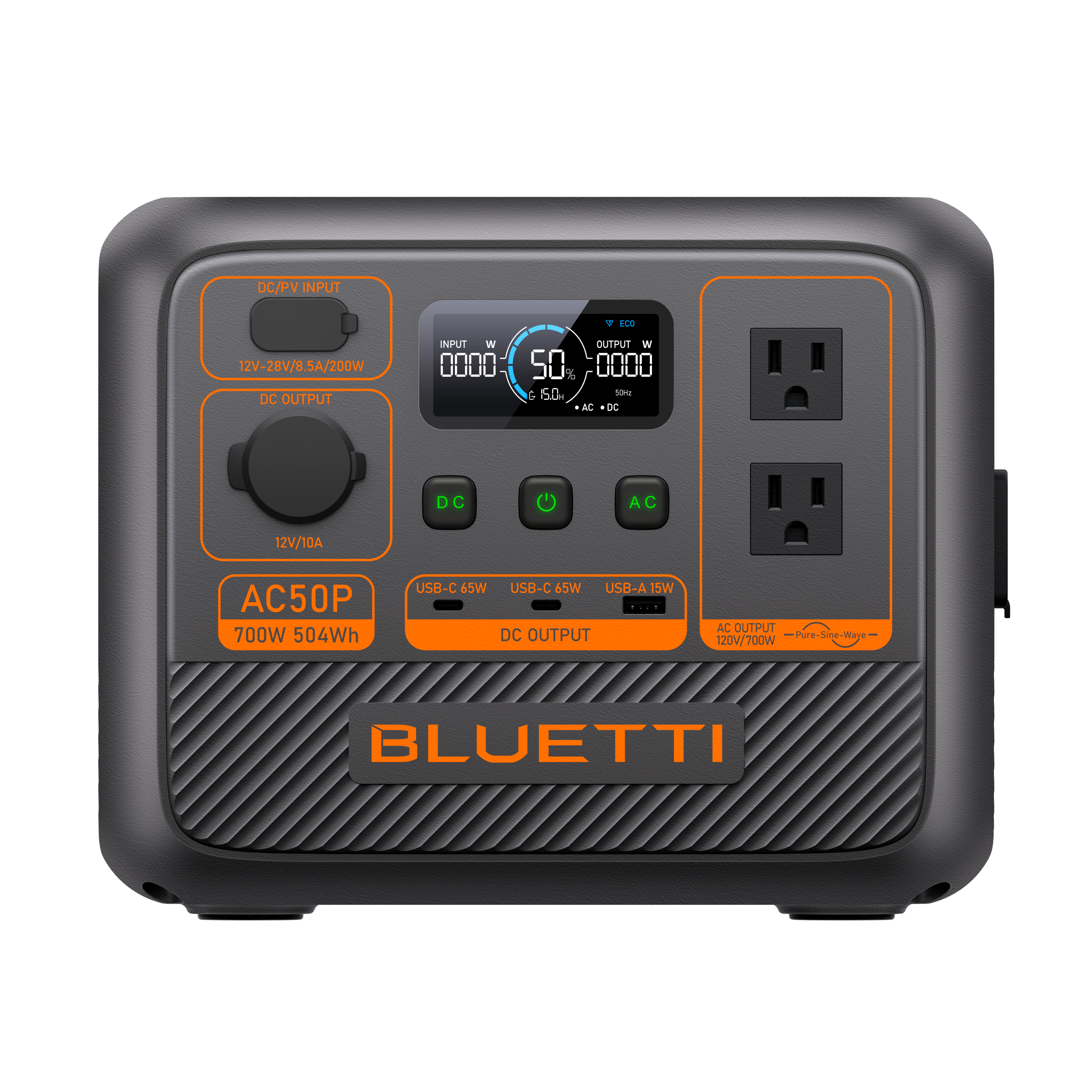 The text on the image is describing a Bluetti power station, which is a portable power source that can be used for various applications. The power station has a DC/PV input that can handle a voltage range of 12V-28V and a current of 8.5A/200W. It also has an AC output with a voltage of 12V/10A and a capacity of 700W. Additionally, the power station features a USB-C port with a 65W output and a USB-A port with a 65W output. The power station is designed to provide a pure sine wave output, ensuring a stable and clean power supply for sensitive devices.