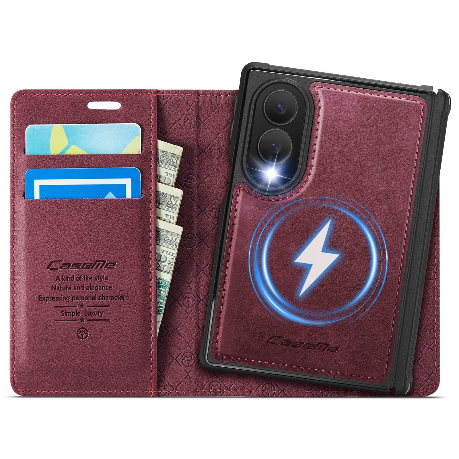 Dteck - for Samsung Galaxy Z Fold 8 Detachabe Magnetic Phone Case, PU Leather RFID Blocking Credit Card Slots Folio Cover - Red