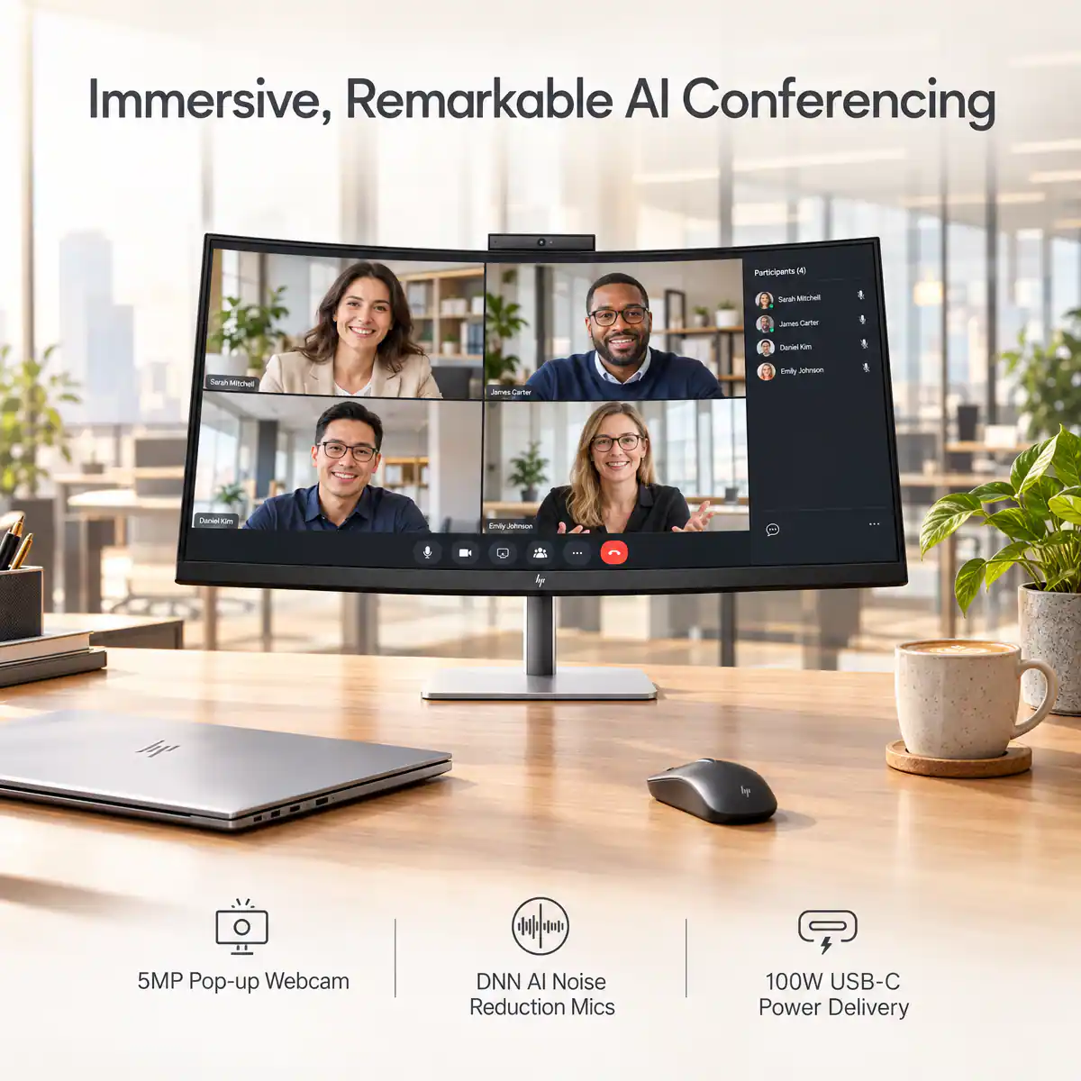 Immersive, Remarkable AI Conferencing

Participants 14
Sarah Mitchell
James Carter
Daniel Kim
Emily Johnson

5MP Pop-up Webcam
Hyfie DNN AI Noise Reduction Mics
100W USB-C Power Delivery
