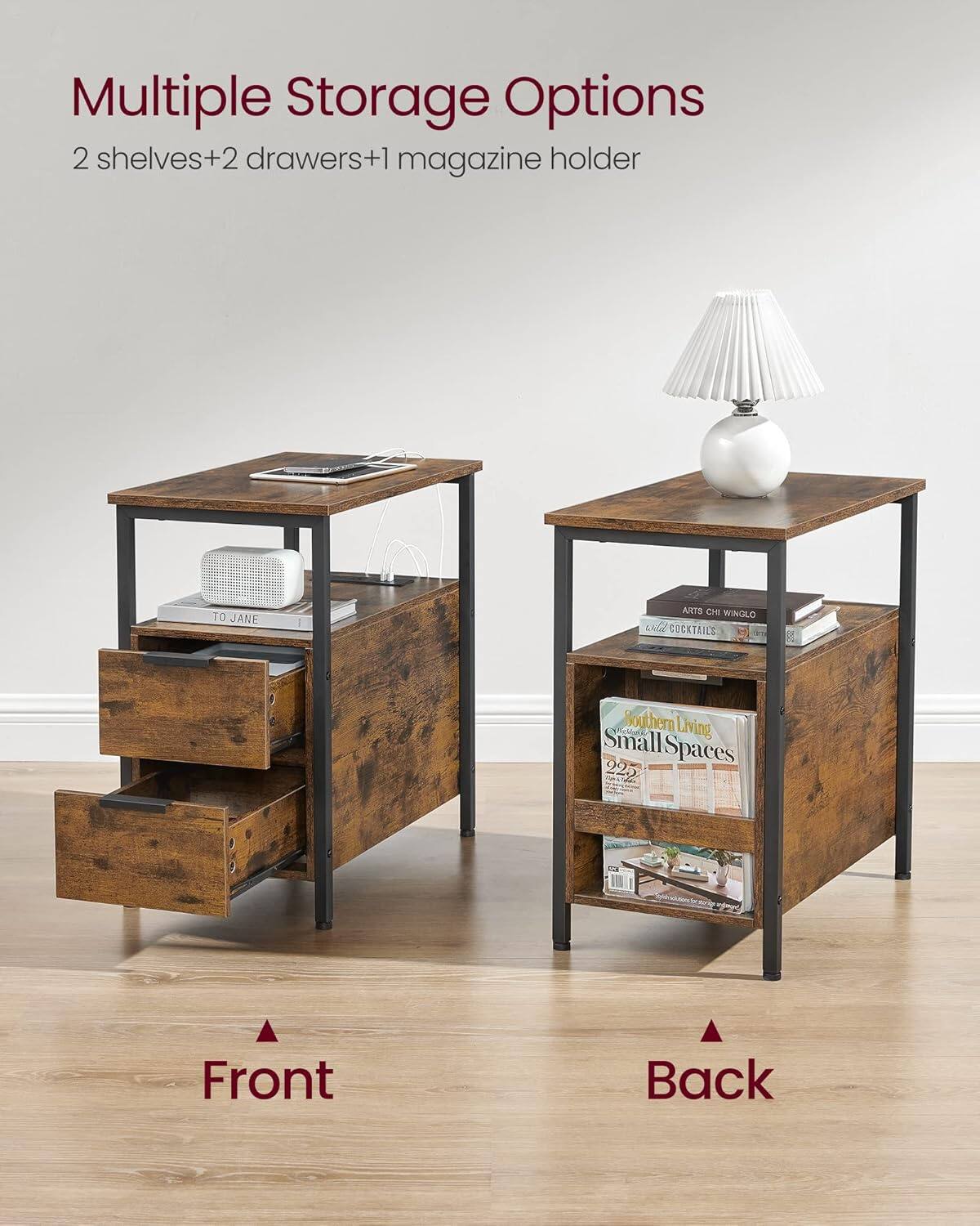 Multiple Storage Options  
2 shelves + 2 drawers + 1 magazine holder  

Front  
Back