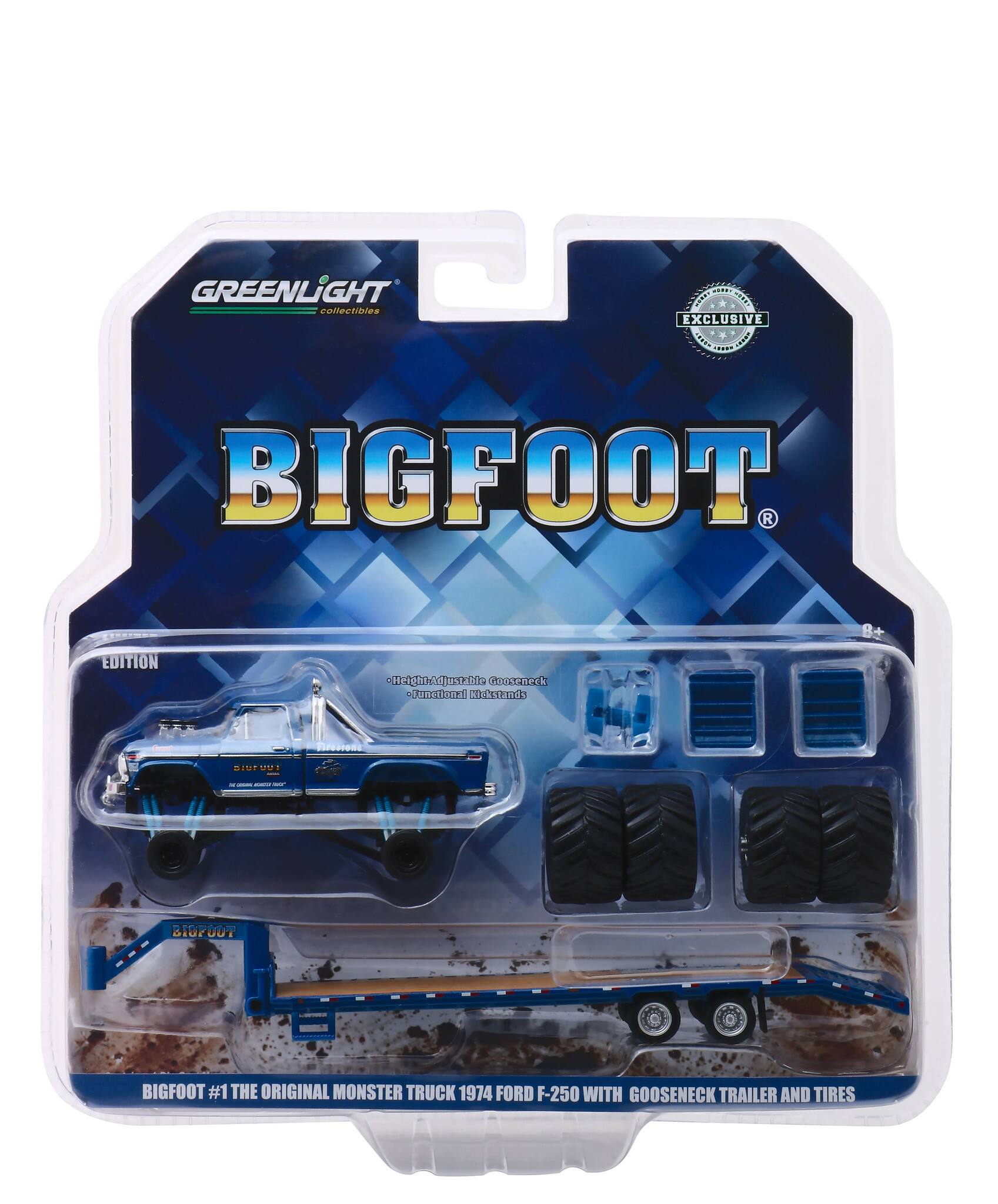 GREENLIGHT collectibles

BIGFOOT®

EXCLUSIVE

BIGFOOT #1 THE ORIGINAL MONSTER TRUCK 1974 FORD F-250 WITH GOOSENECK TRAILER AND TIRES

EDITION

- Height Adjustable Gooseneck
- Functional Nicks
- Gooseneck Stands

BIGFOOT
