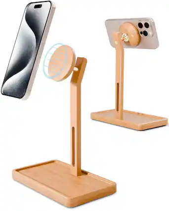 Front. VEGA AUTOMOTIVE - Magnetic Phone Holder For Desk Solid Beech Wood Free Adjustable Magsafe Compatible Stylish Accessory - Beech.