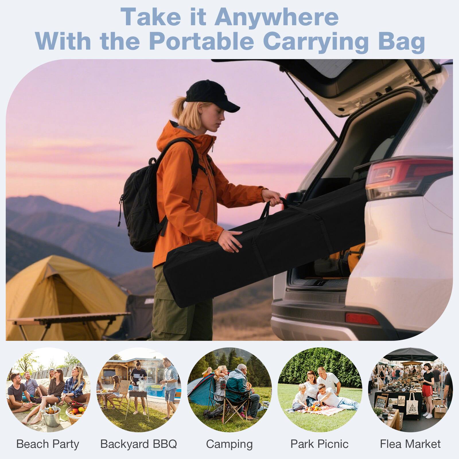 Take it Anywhere With the Portable Carrying Bag

Beach Party  
Backyard BBQ  
Camping  
Park Picnic  
Flea Market