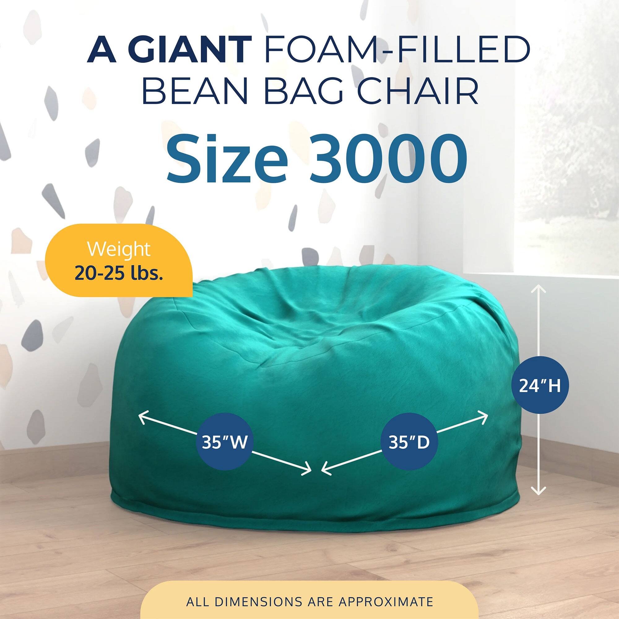 A GIANT FOAM-FILLED BEAN BAG CHAIR  
Size 3000  
Weight 20-25 lbs.  
24"H 35"W 35"D  
ALL DIMENSIONS ARE APPROXIMATE
