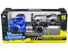 Muscle Machines - 1950 Ford COE Flatbed Truck Blue "Cobra Powered by Ford" & 1964 Shelby Cobra #6 Silver Stripes 1/64 Scale - Blue And Silver Metallic