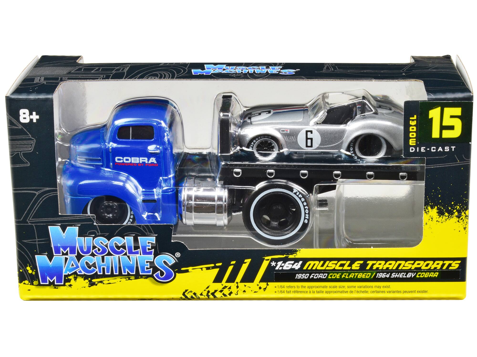 Muscle Machines  
1:64 Muscle Transports  
1950 Ford COE Flatbed / 1964 Shelby Cobra  
*1:64 refers to the approximate scale; some variations may exist.  
*1/64 fait référence à la taille approximative de l'échelle; certaines variantes peuvent exister.  

MAPIES 8+  
COBRA POWERED DY  
1HM MODEL 15  
DIE-CAST  
Fiesta  
6