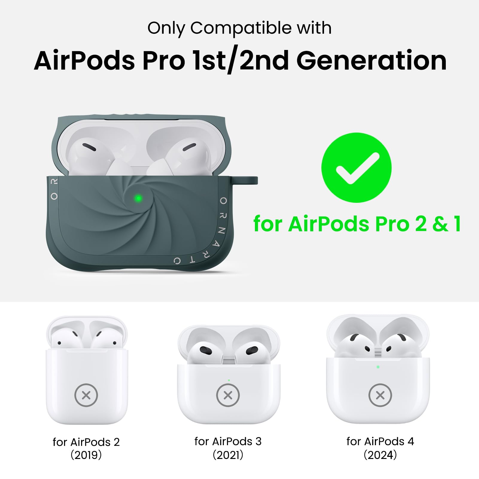 Only Compatible with  
AirPods Pro 1st/2nd Generation  

for AirPods Pro 2 & 1  

for AirPods 2 (2019)  
for AirPods 3 (2021)  
for AirPods 4 (2024)