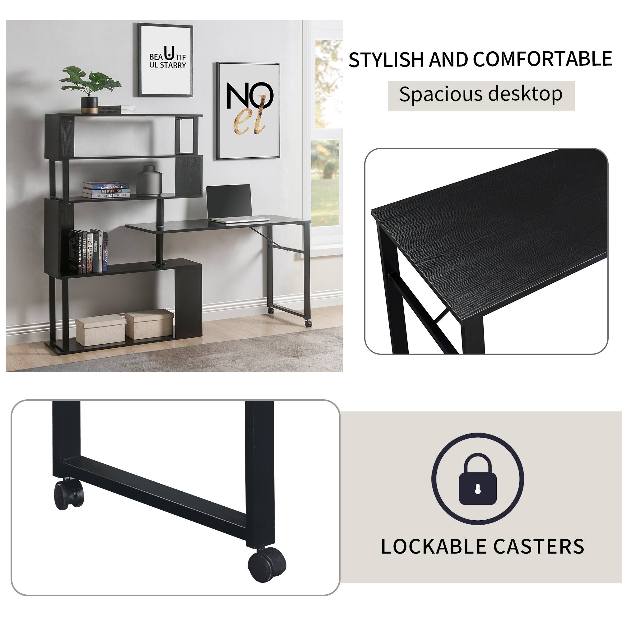 BEAUTIFUL STARRY  
NO el  

STYLISH AND COMFORTABLE  
Spacious desktop  

LOCKABLE CASTERS