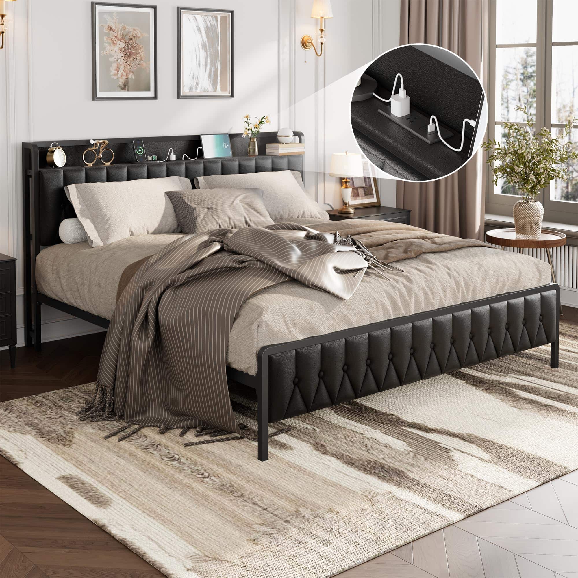 Acekool - King Size Bed Frame with Charging Station, Faux Leather Headboard & & Footboard, No Box Spring - Black