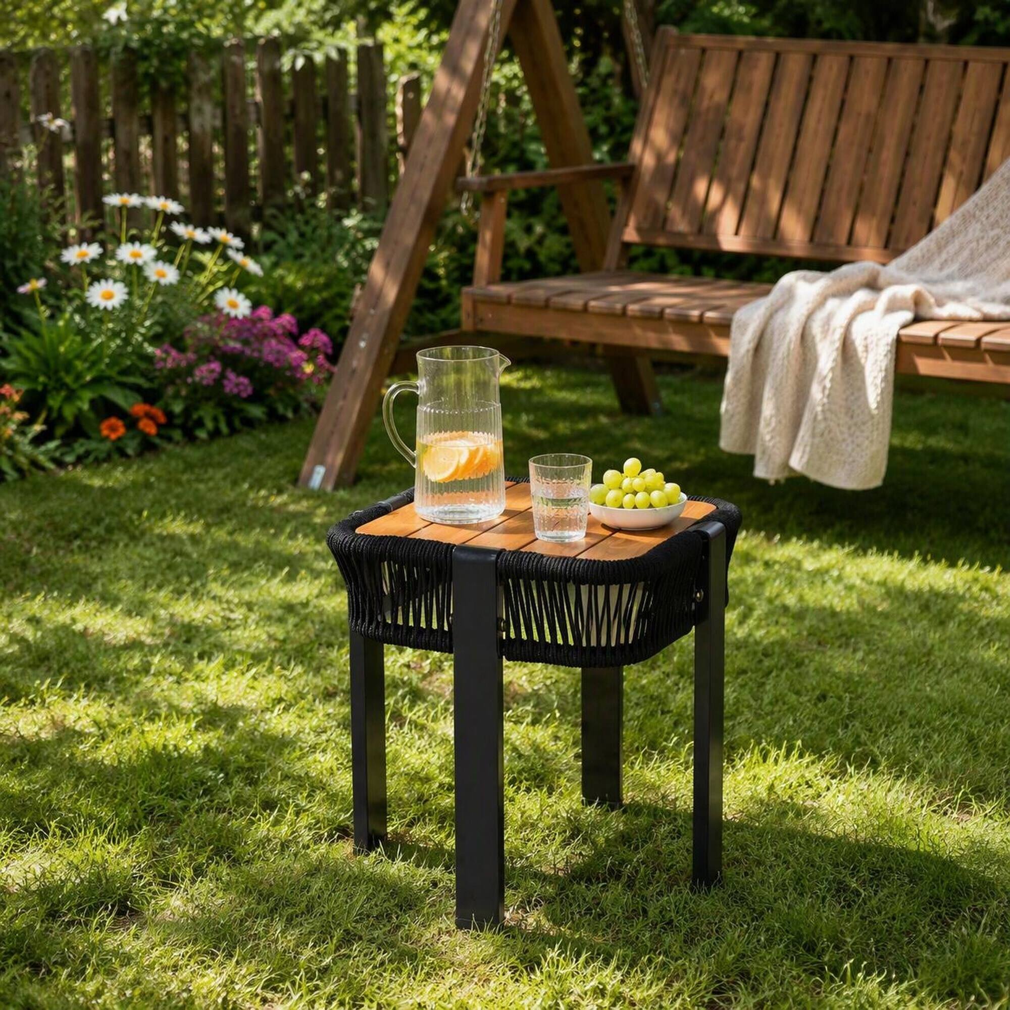 Alt View 2. RYHNUYNE - Square Acacia Wood Side Table with Black Rope Frame,Teak Finish Outdoor Patio Accent End Table for Balcony - Black,Teak.