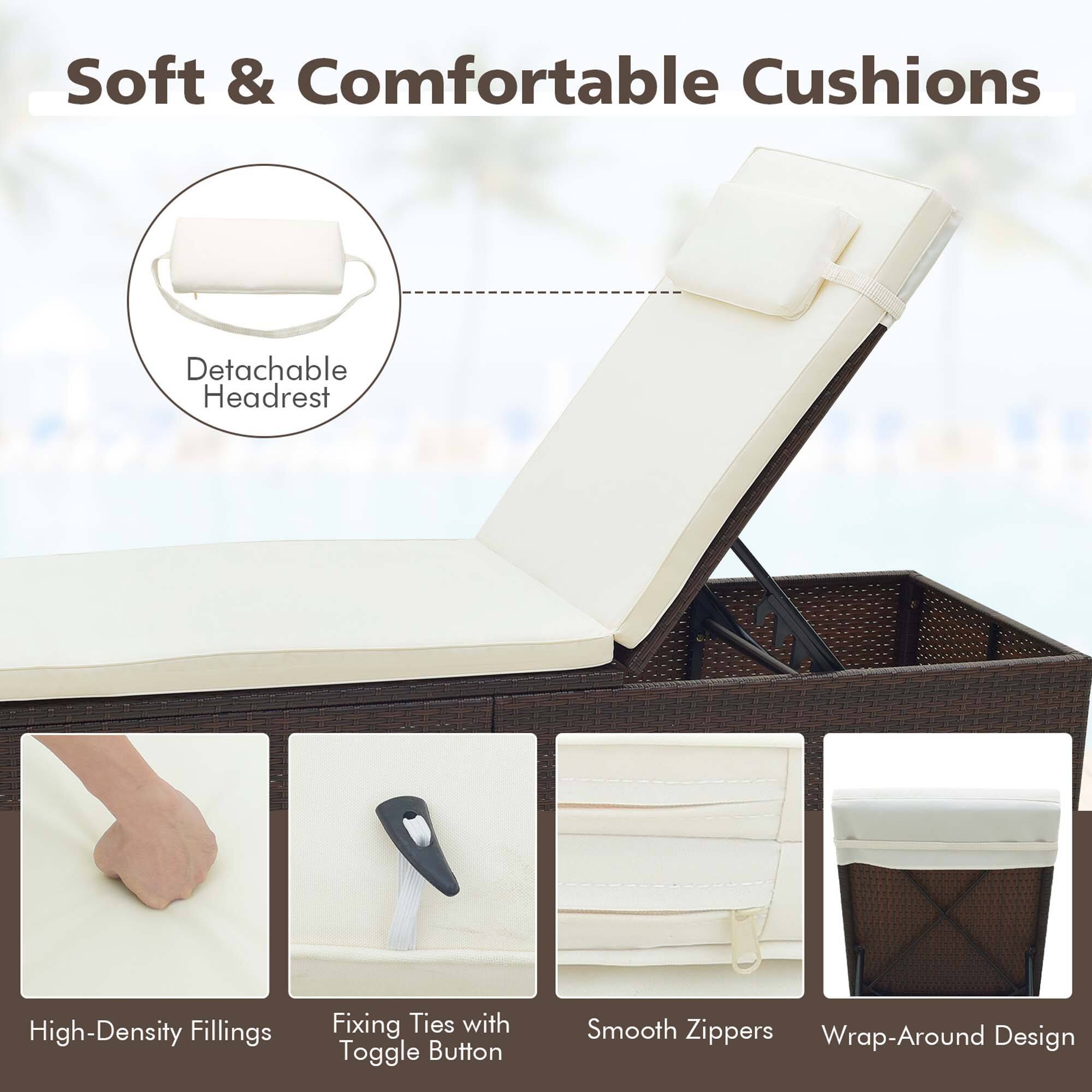 Soft & Comfortable Cushions: Detachable Headrest, High-Density Fillings, Fixing Ties with Toggle Button, Smooth Zippers, Wrap-Around Design.