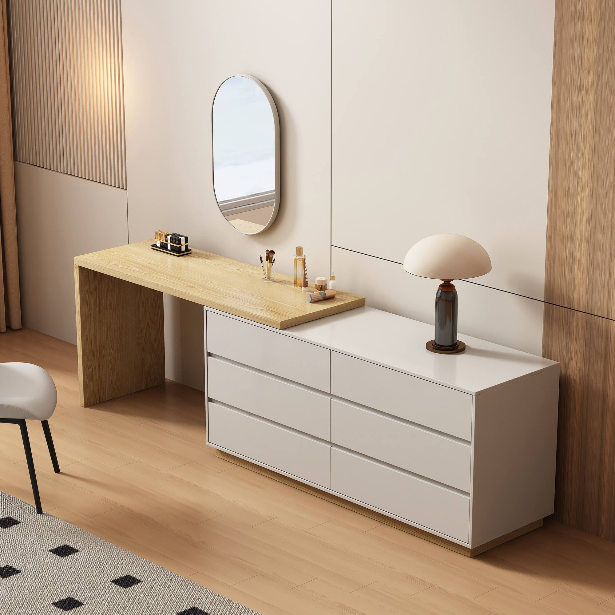 Alt View 4. luck idea - Modern Minimalist Expandable Vanity Desk with 6 Drawers, Space-Saving Dresser for Bedroom - Natural Wood Color.
