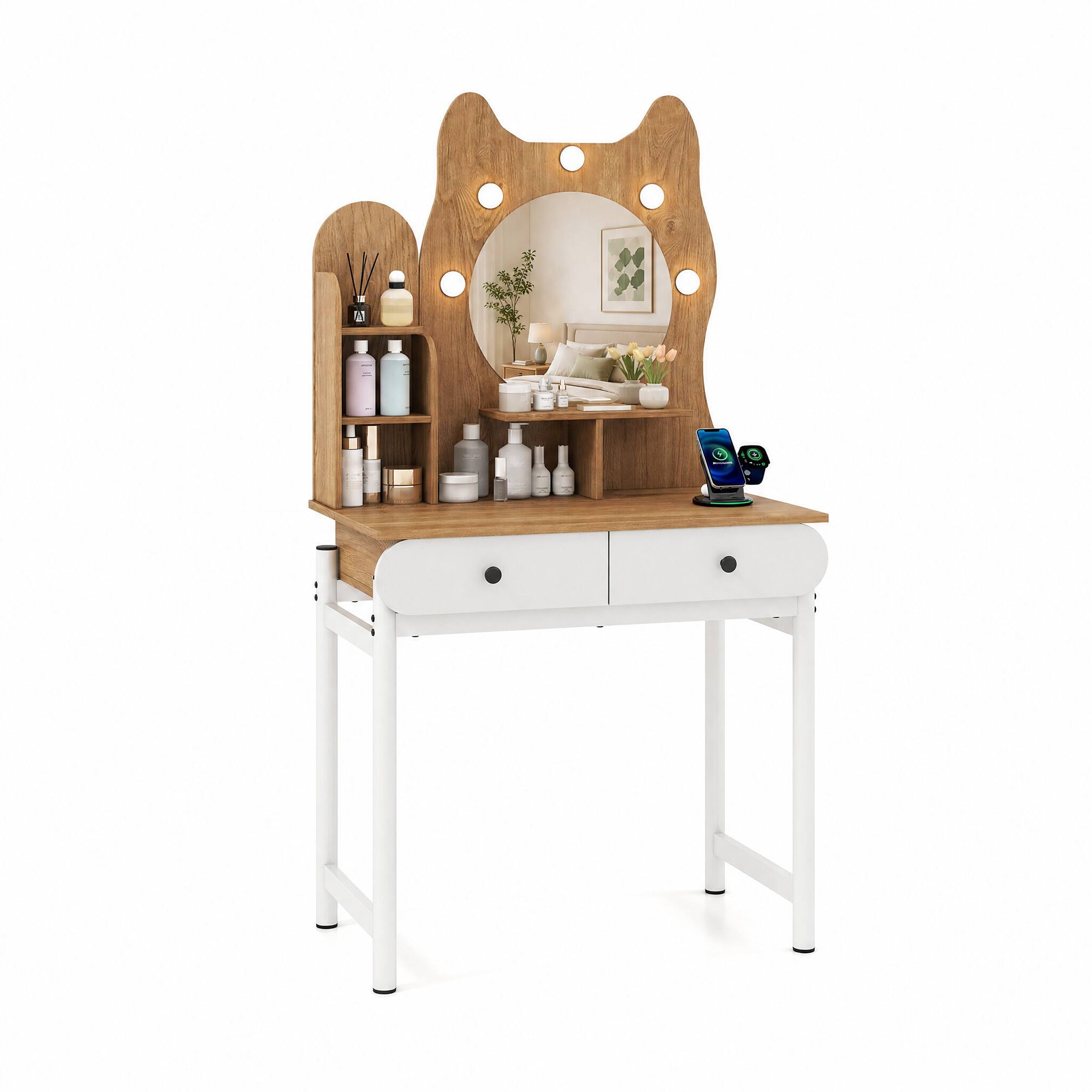 Alt View 4. WELLFOR - Cute Cat-Themed Vanity Desk with Charging Station & 3-Color LED Bulbs , 31.5" Makeup Table with 2 Drawers - Natural.