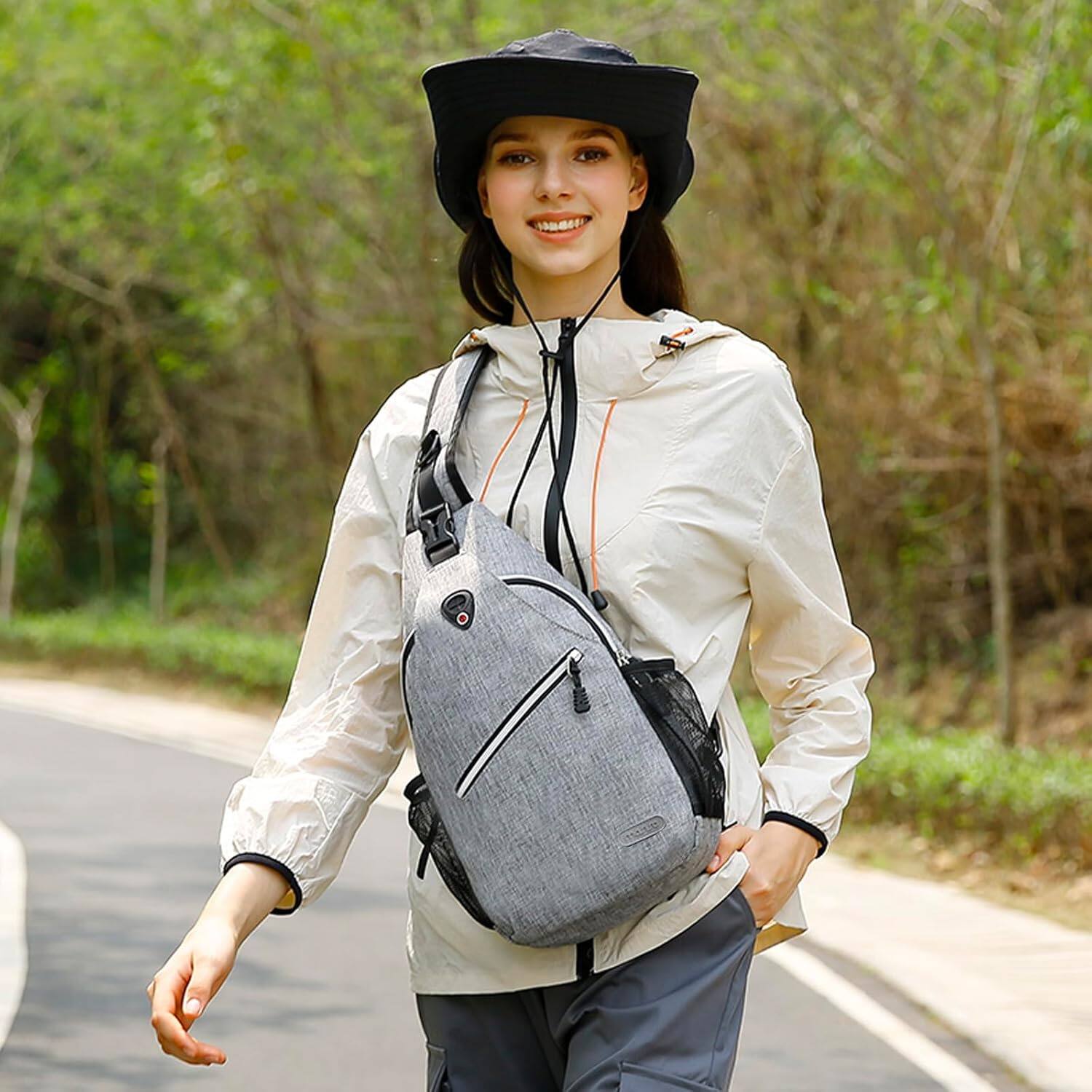 Left. mosiso - Sling Backpack Multipurpose Crossbody Shoulder Bag Travel Hiking Daypack - Gray.