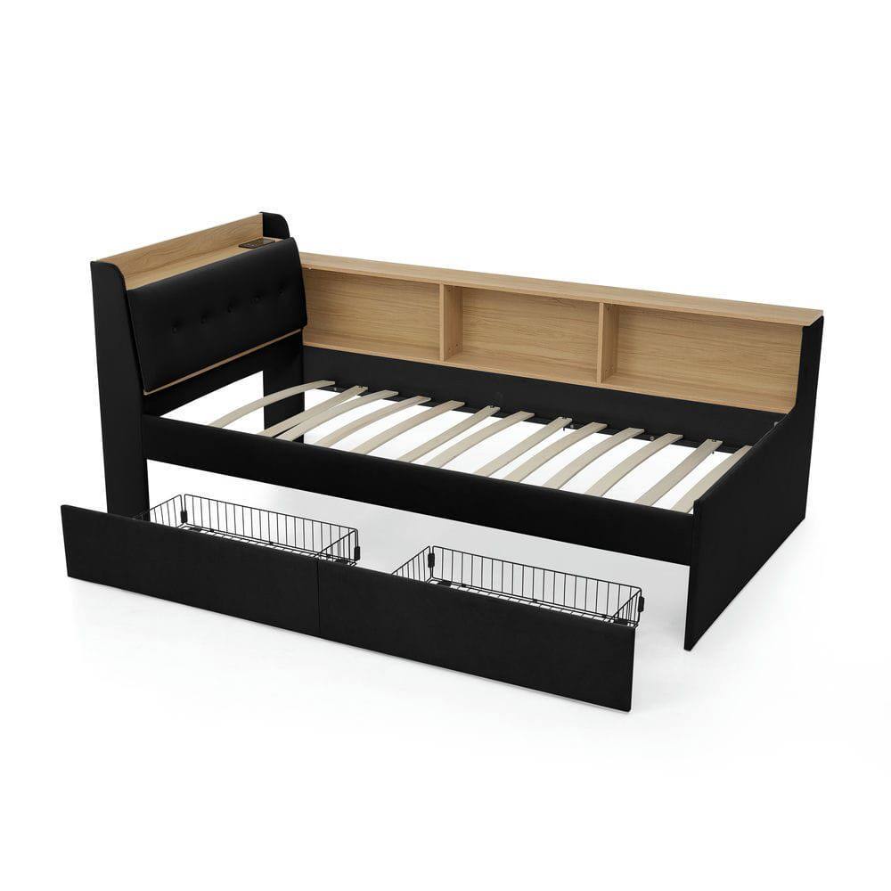 Alt View 6. Kadyn - Twin Size Upholstered Velvet Daybed with Storage Headboard, Wireless Charging, 2 Drawers & LED Lights - Black.