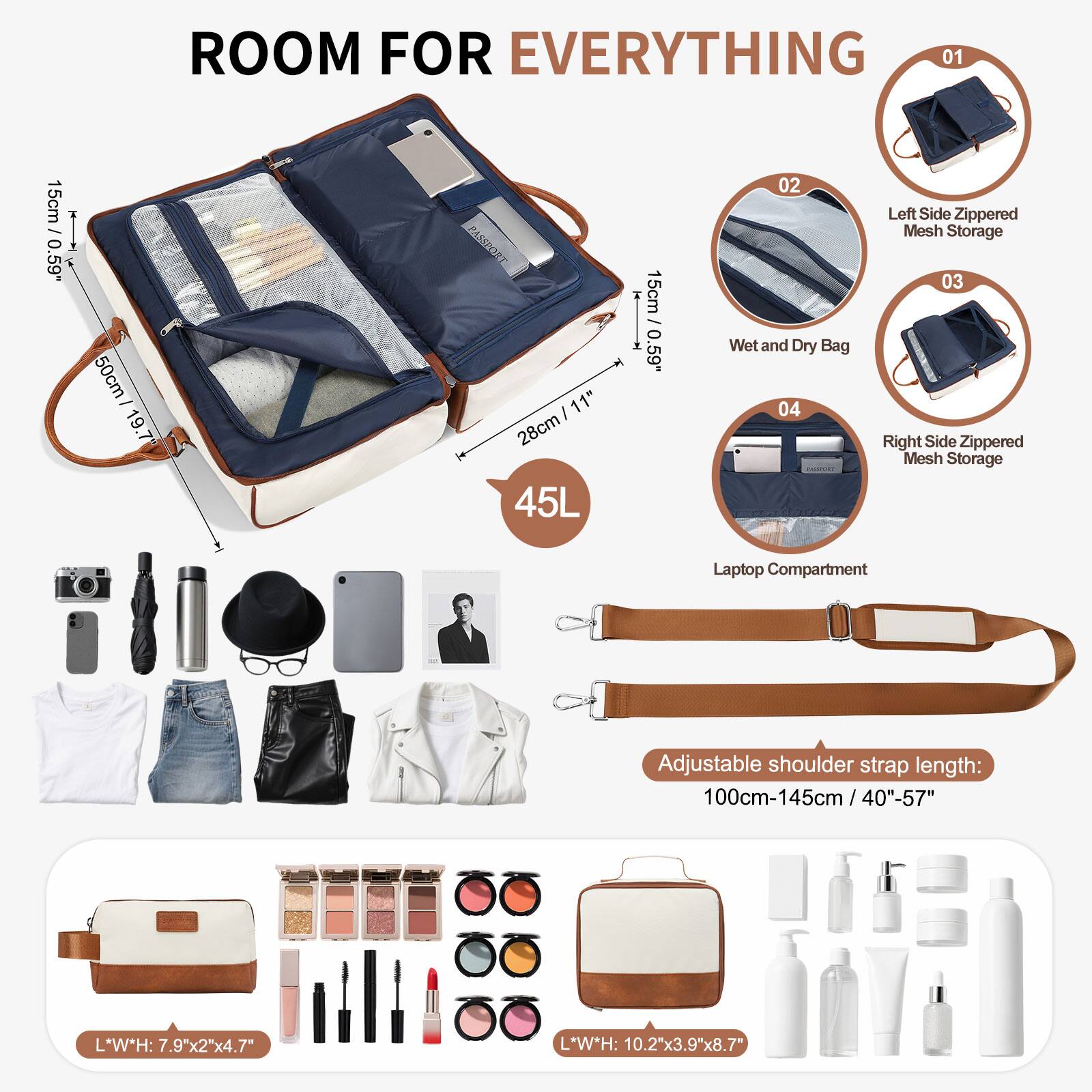 ROOM FOR EVERYTHING

- 15cm / 0.59"
- 50cm / 19.7"
- 28cm / 11"
- 45L
- 15cm / 0.59"

01 Left Side Zippered Mesh Storage
02 Wet and Dry Bag
03 Right Side Zippered Mesh Storage
04 Laptop Compartment

Adjustable shoulder strap length: 100cm-145cm / 40"-57"

L*W*H: 7.9"x2"x4.7"
L*W*H: 10.2"x3.9"x8.7"