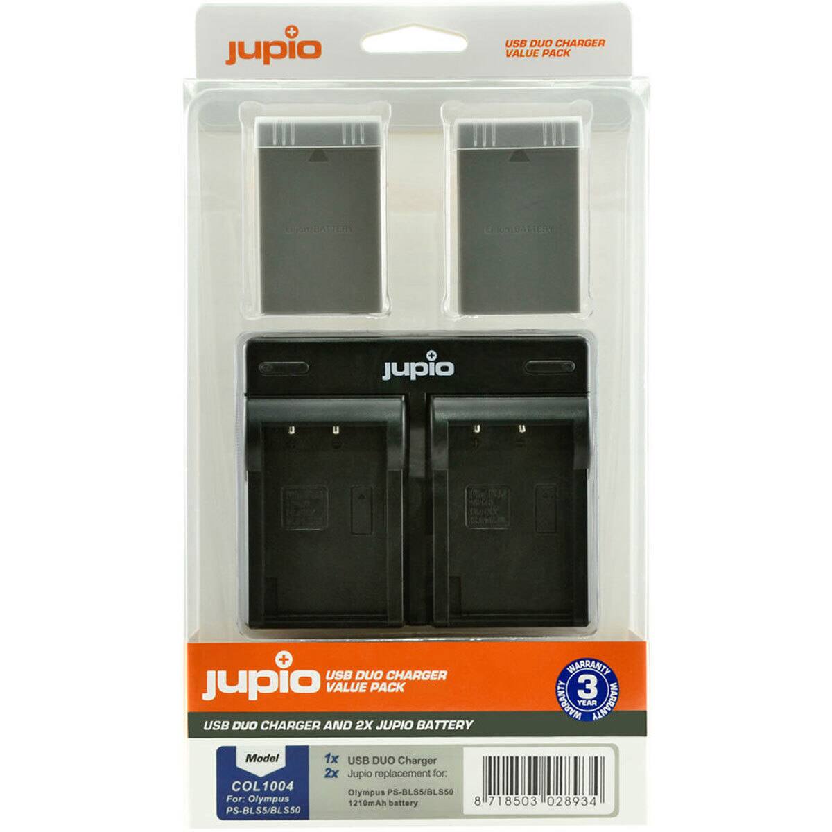 + jupio  
USB DUO CHARGER VALUE PACK  
BATTERY  
jupio  
+ USB DUO CHARGER WARRANTY jupio VALUE PACK WARRANTY 3 USB DUO CHARGER AND 2X JUPIO BATTERY YEAR WARRANTY  
Model 1x USB DUO Charger  
2x Jupio replacement for: COL1004 Olympus PS-BLS5/BLS50  
For: Olympus 8 718503 028934 1210mAh battery PS-BLS5/BLS50