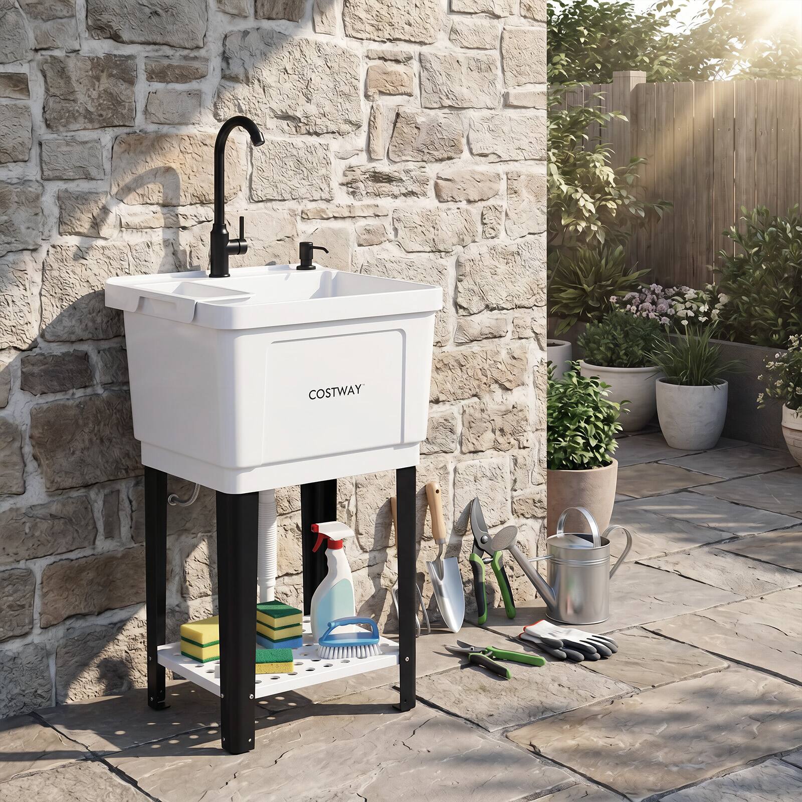 Alt View 1. Costway - Costway Utility Sink, Laundry Tub with Rotating Faucet, Storage Shelf, Adjustable Legs - White + Black.