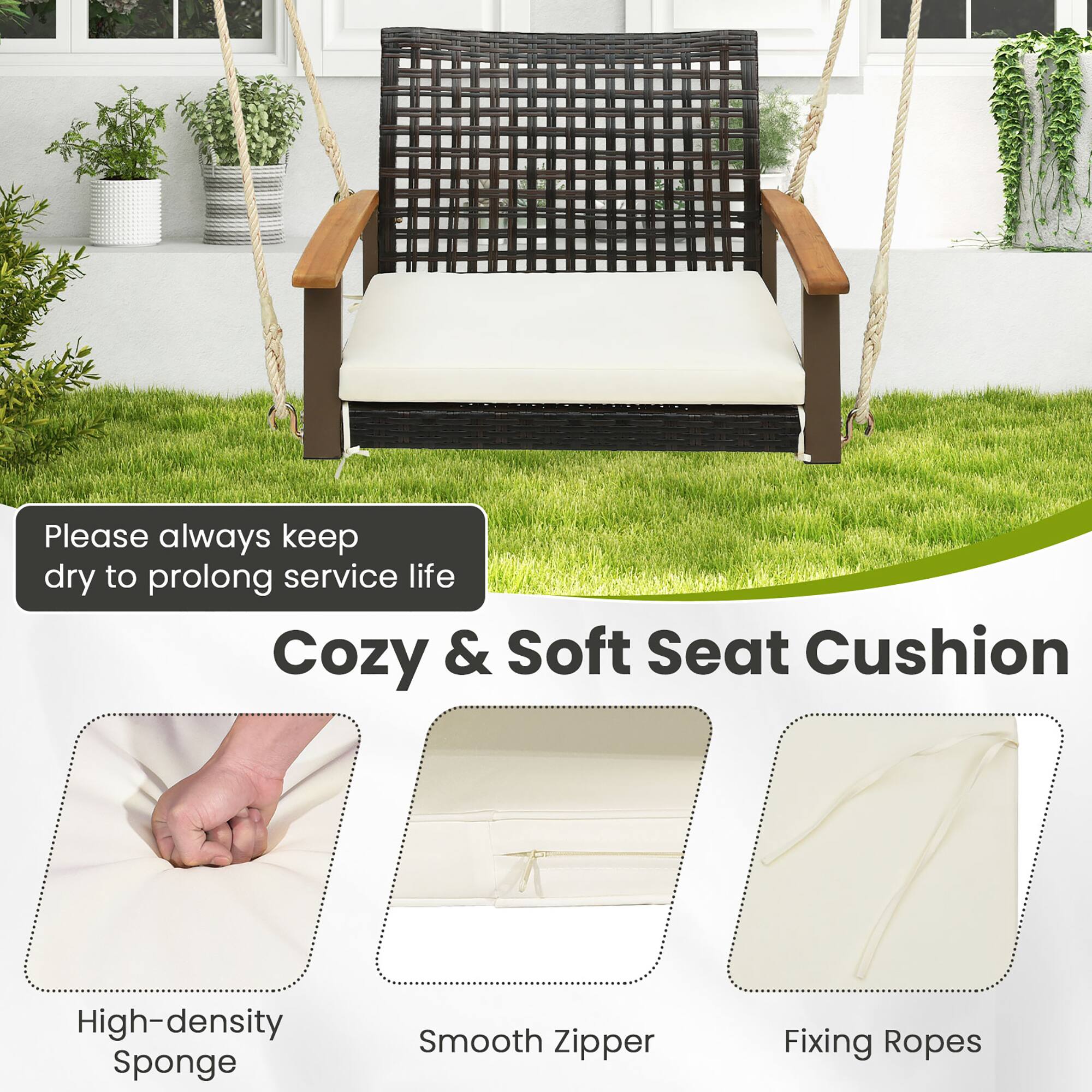 Alt View 4. Gymax - Gymax Rattan Porch Swing Patio Wicker Single Hanging Seat w/ Seat Cushion & Acacia Wood Armrests - Mix Brown, White.