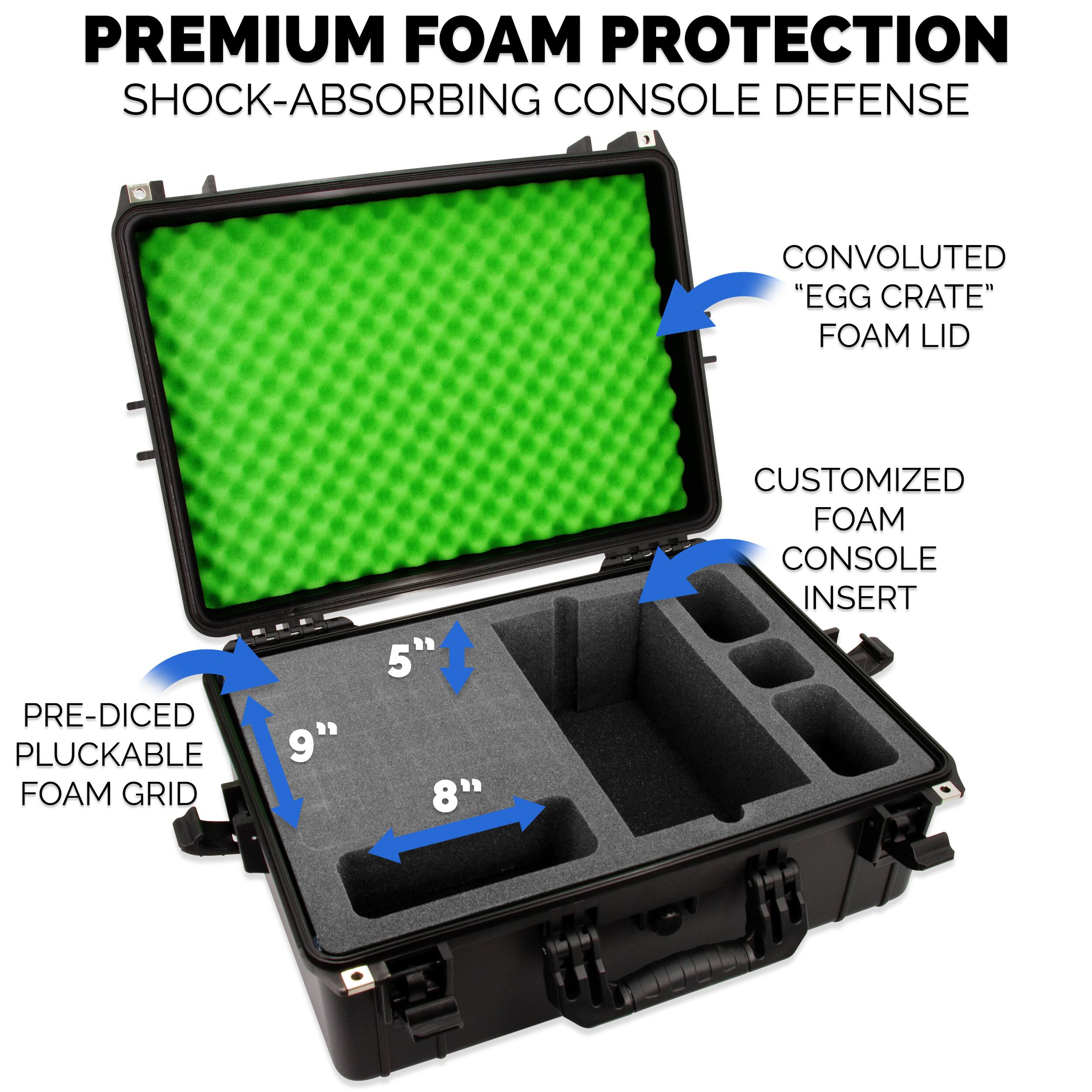 PREMIUM FOAM PROTECTION  
SHOCK-ABSORBING CONSOLE DEFENSE  

CONVOLUTED "EGG CRATE" FOAM LID  

CUSTOMIZED FOAM CONSOLE INSERT  

PRE-DICED PLUCKABLE FOAM GRID  

9"  
8"  
5"