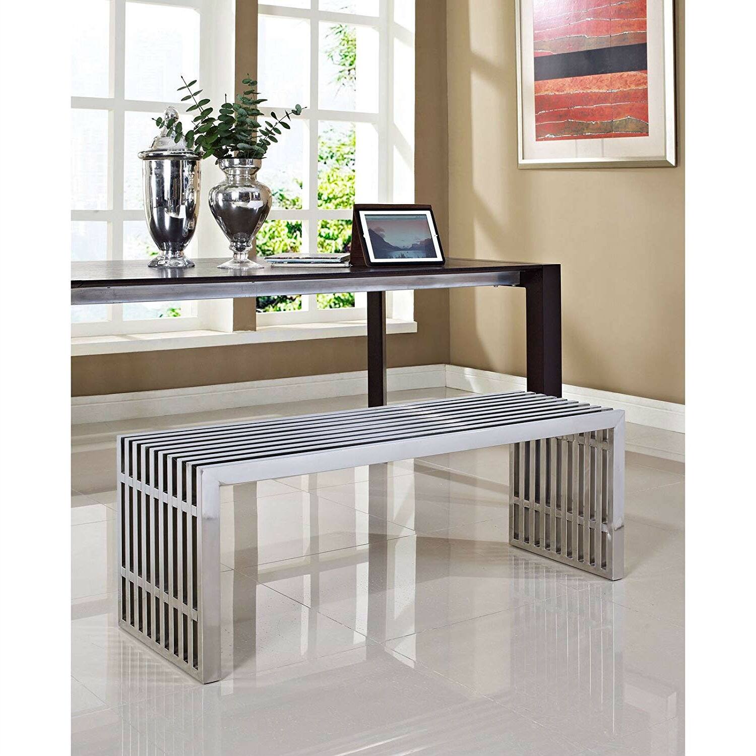 Left. Hivvago - Modern Mid-Century Stainless Steel Accent Bench - Silver.