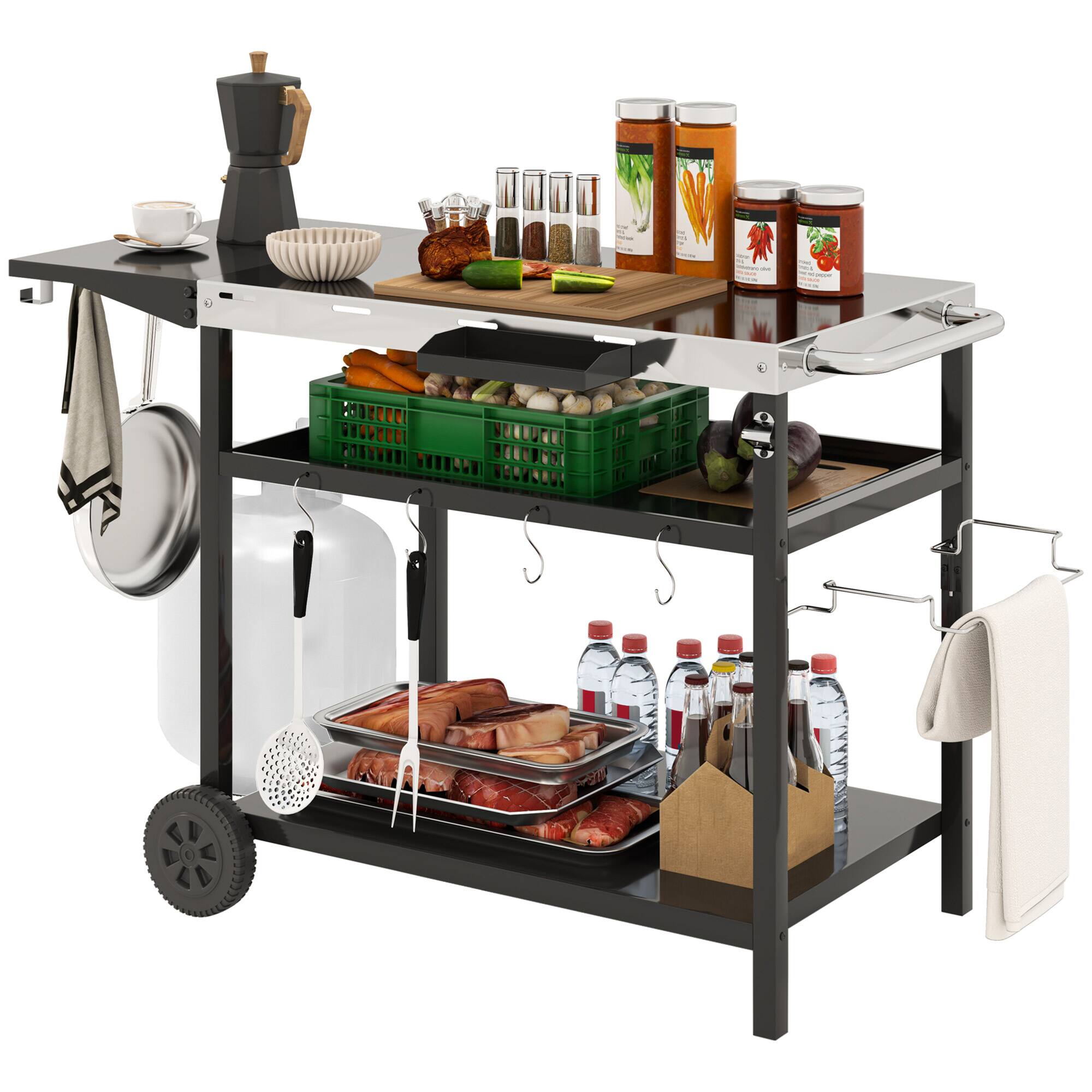 Outsunny - Outdoor Grill Cart with Stainless Steel Tabletop, Three-Shelf Movable Grill Table with Wheels - Black