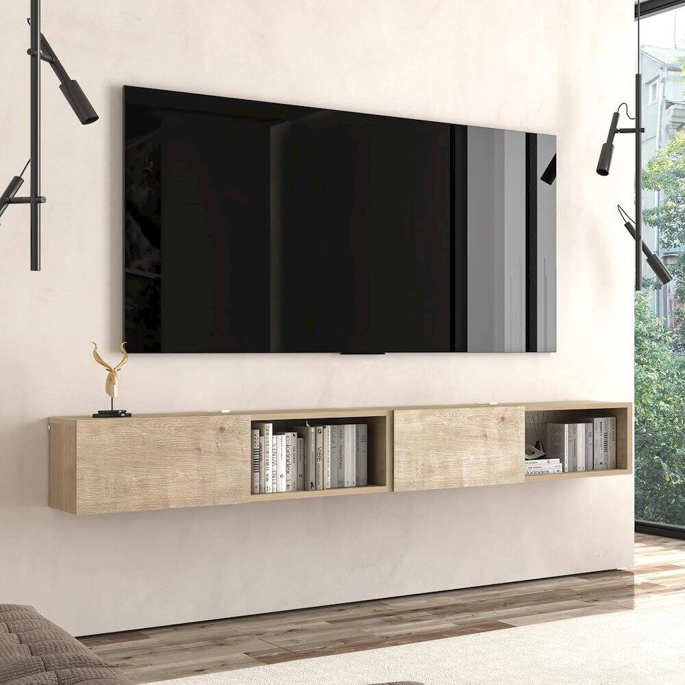 Left. Atelier Mobili - Floating TV Stand - Wall Mounted TV Stand for 75 Inch TV - Modern - Beige.