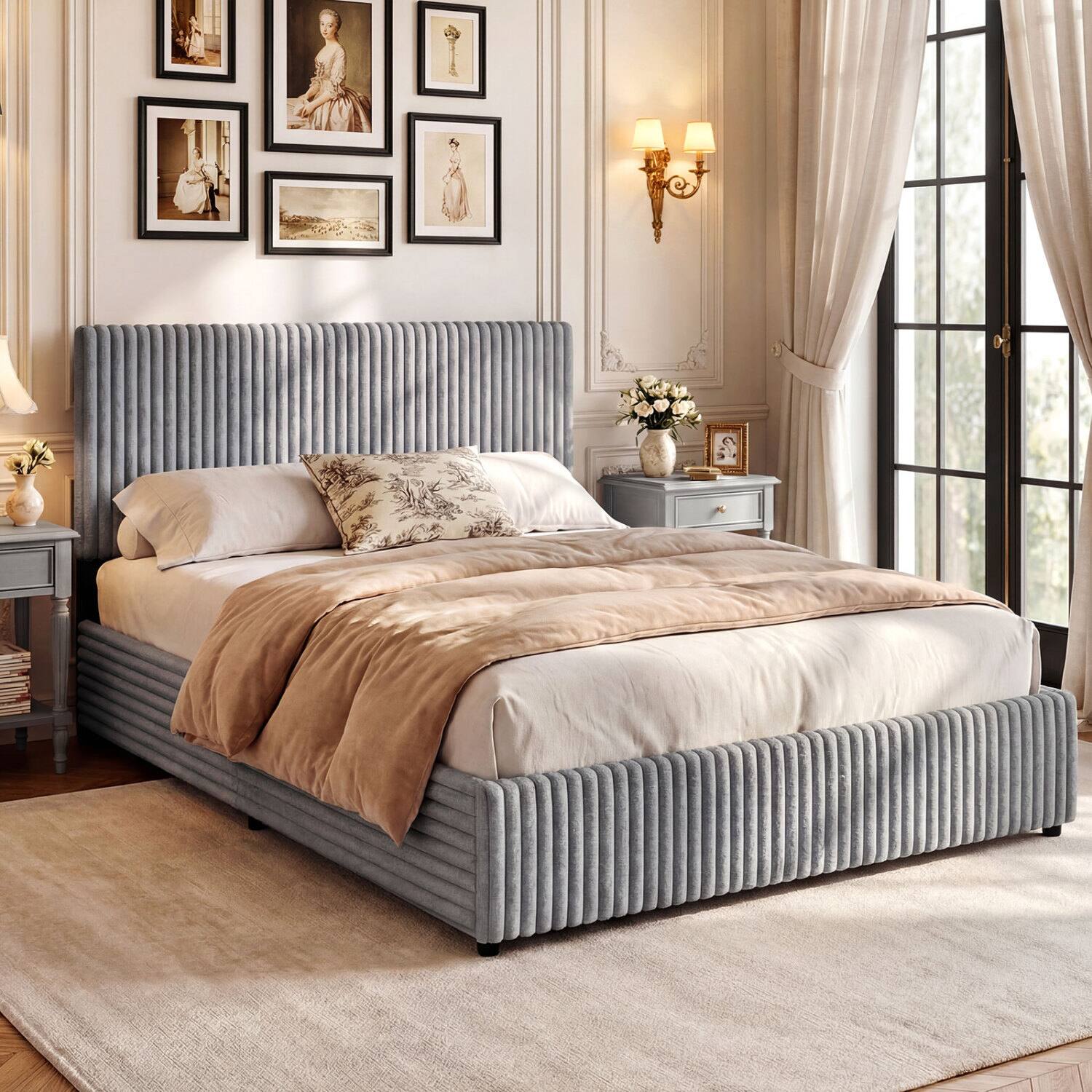 Alt View 3. LUCKY ONE - Queen Assembled Lift-up Storage Bed with Corduroy Upholstered Headboard Wooden Slats 600 lbs - Gray.