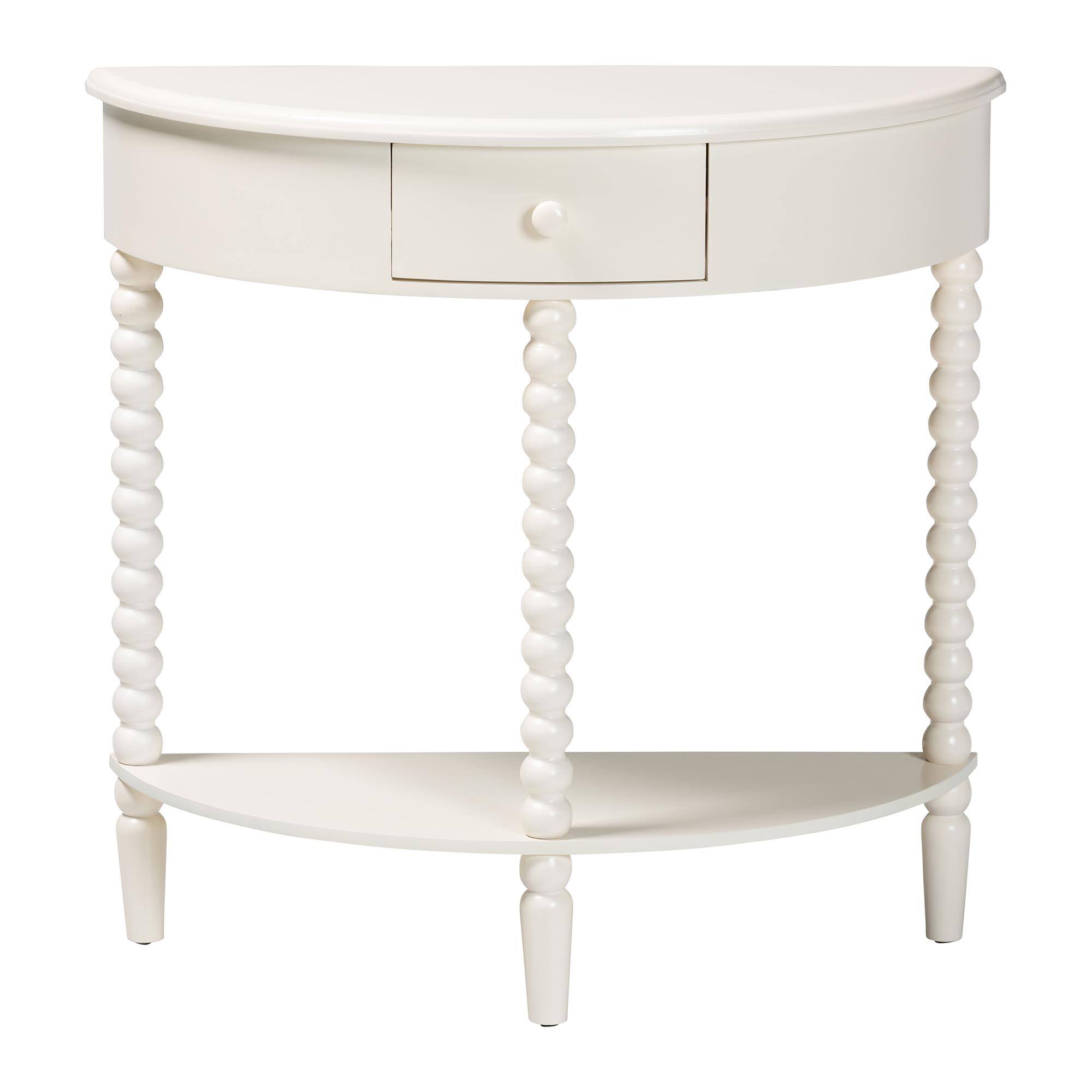 Left. Baxton Studio - Raynera Bobbin-Leg Demilune Console Table – Half-Moon Accent Table with 1 Drawer and Open Shelf, Cottage Farmhouse - White.