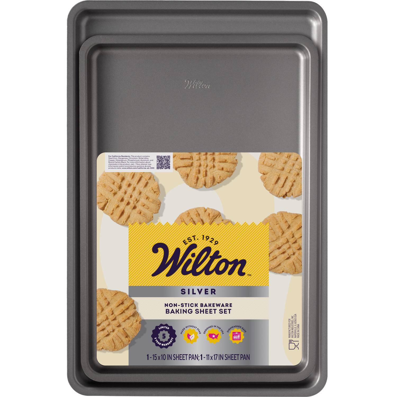 Wilton  
for Selference - 56 - - - Iron 100% Copper Resphorical Aumon and - - thime  
rautornia. 1000  
EST. 1929 Wilton TM SILVER  
NON-STICK BAKEWARE BAKING SHEET SET WITHOUT x LIMITED H DESNIRED SHAMMASHER MADE SATE 5 BYEAN BERRANTY 1-15x10 IN SHEET PAN;1-11x1 17 IN SHEET PAN  
MC.  
NAPERVILL  
MADE